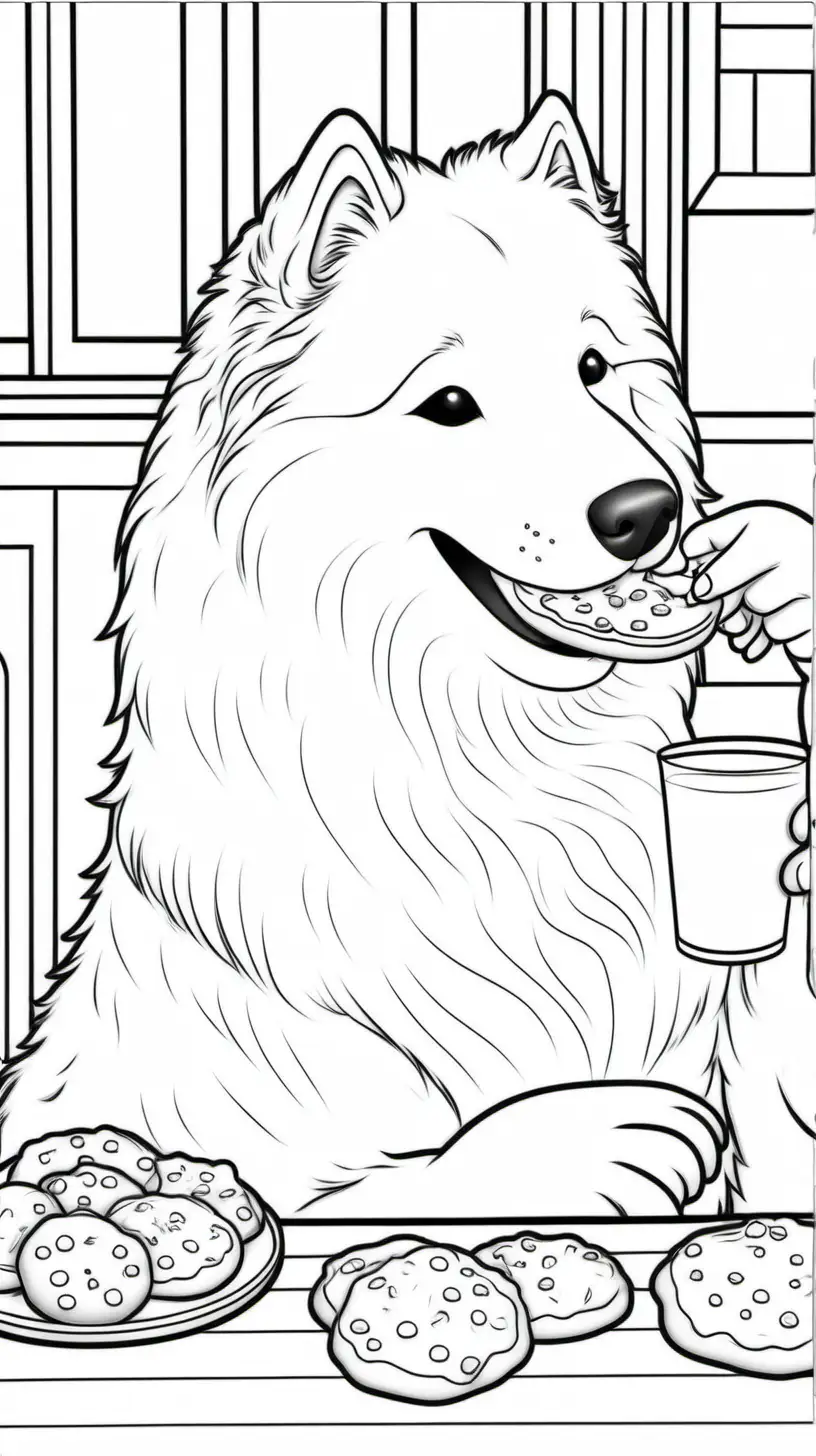 Samoyed Dogs Enjoying Cookies and Milk Coloring Page for Kids