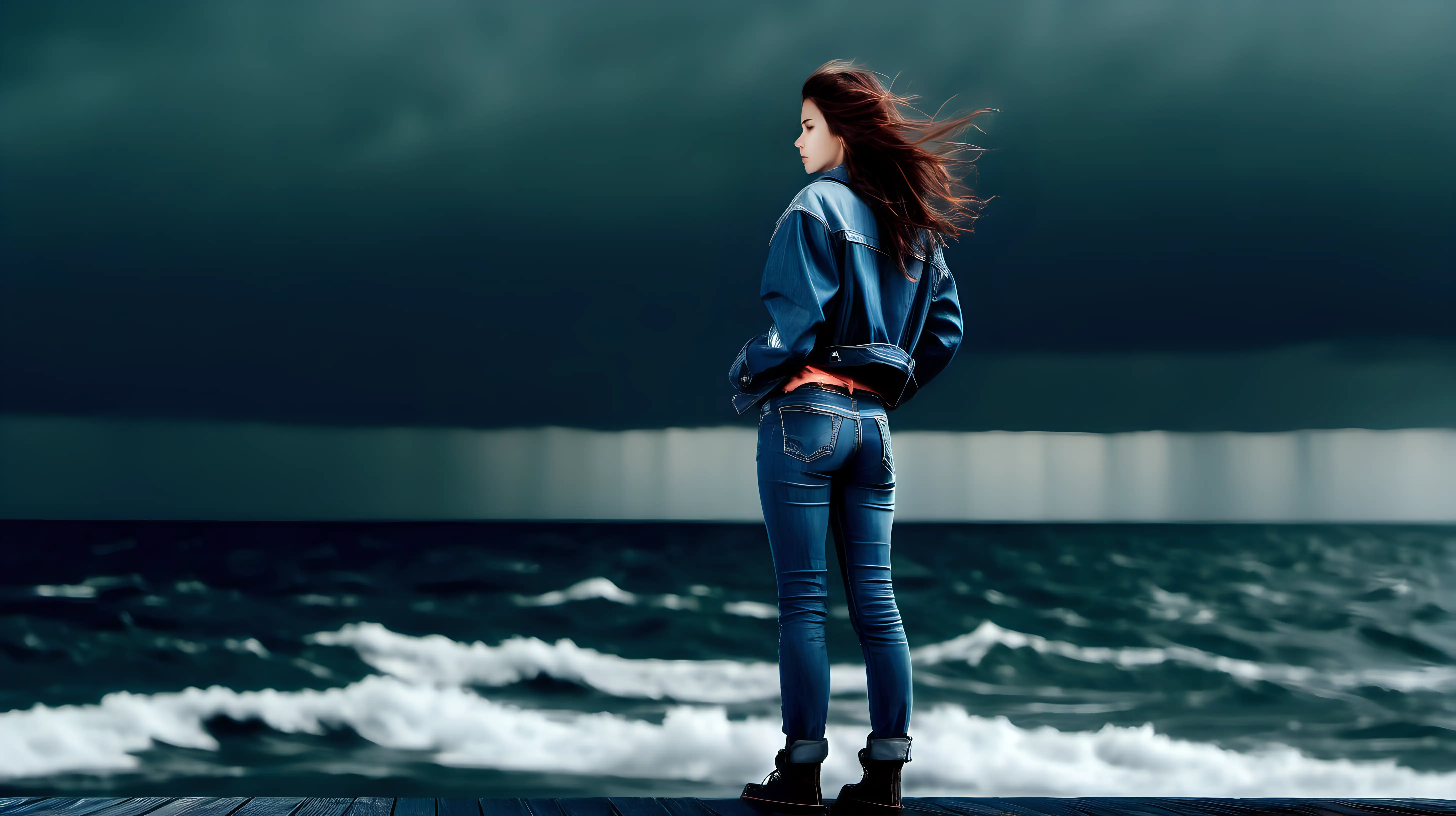 beauty girl jacket jeans pants alone watching side sea in storm horizon ship rain wind waves
