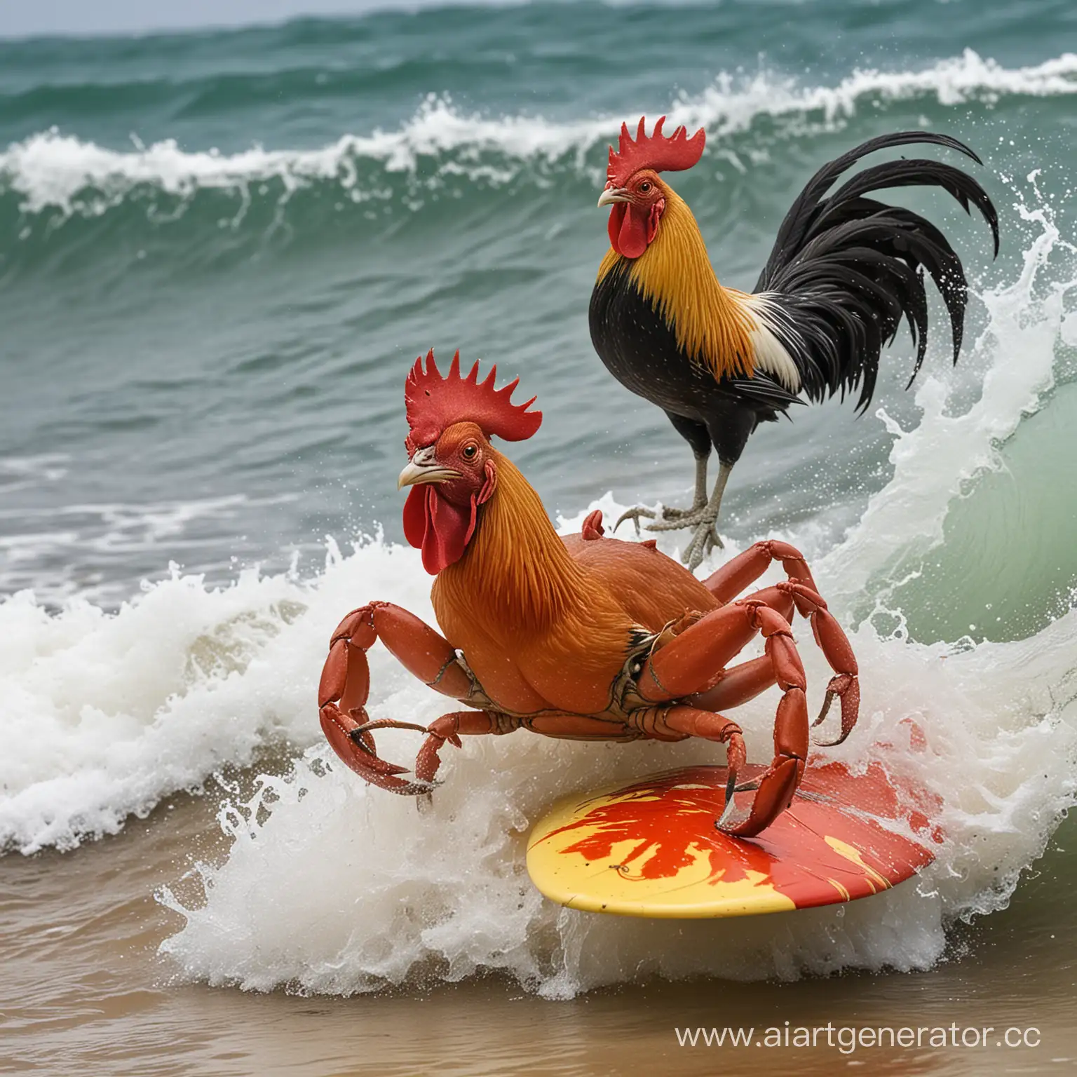 Surfing-Crab-with-Roosters-Face-Playful-Ocean-Adventure