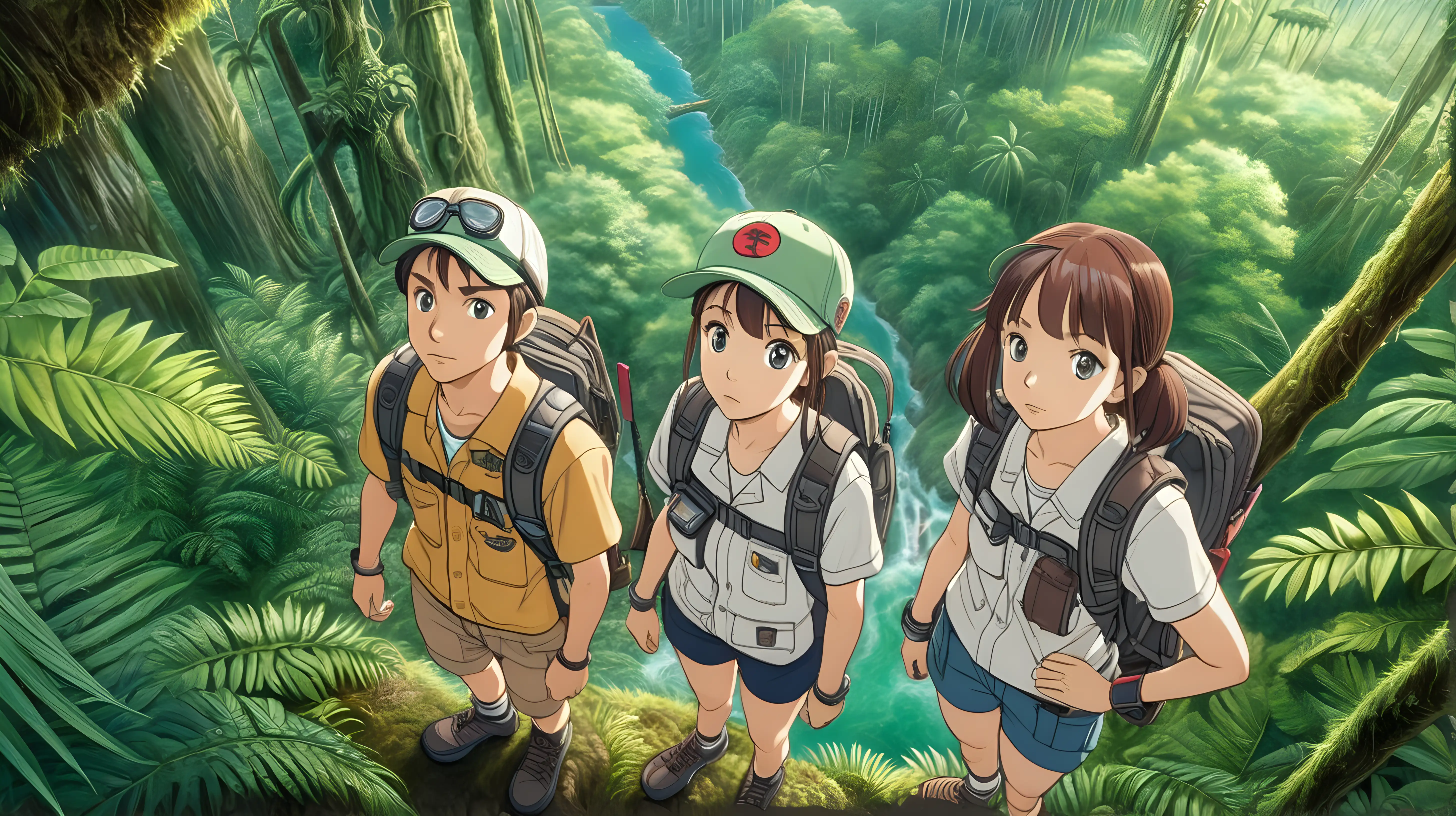 japanese anime inspired, male and female
explorers exploring rainforest, ariel shot, detailed face