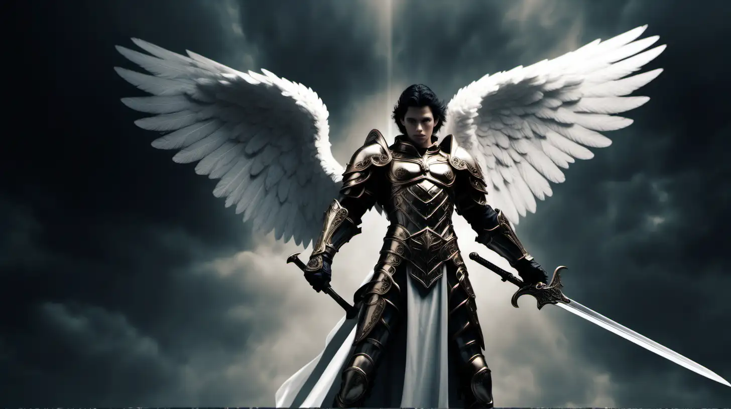 create an image of the powerful Arc Angel Garbriel standing and holding a sword, 4k--ar 16:9