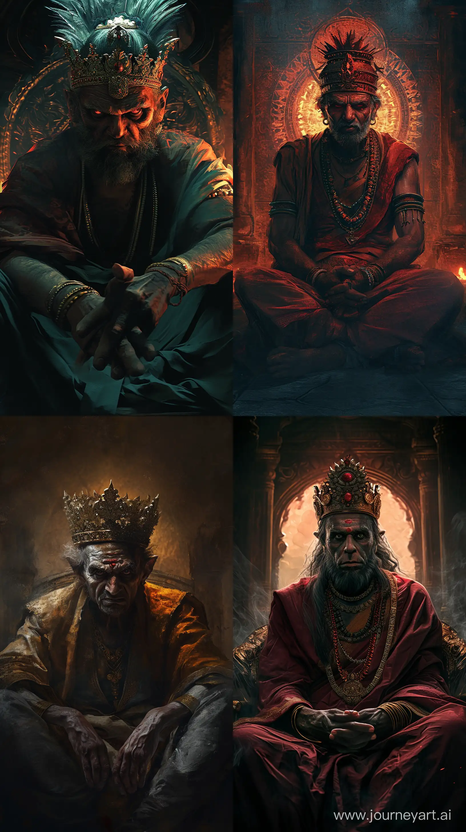 digital painting like images of a man that looks like an Indian king from ancient times, evil look on his face, seated in a crown, dim lighting around him, ultra detailed, high resolution 8k quality images, --ar 9:16