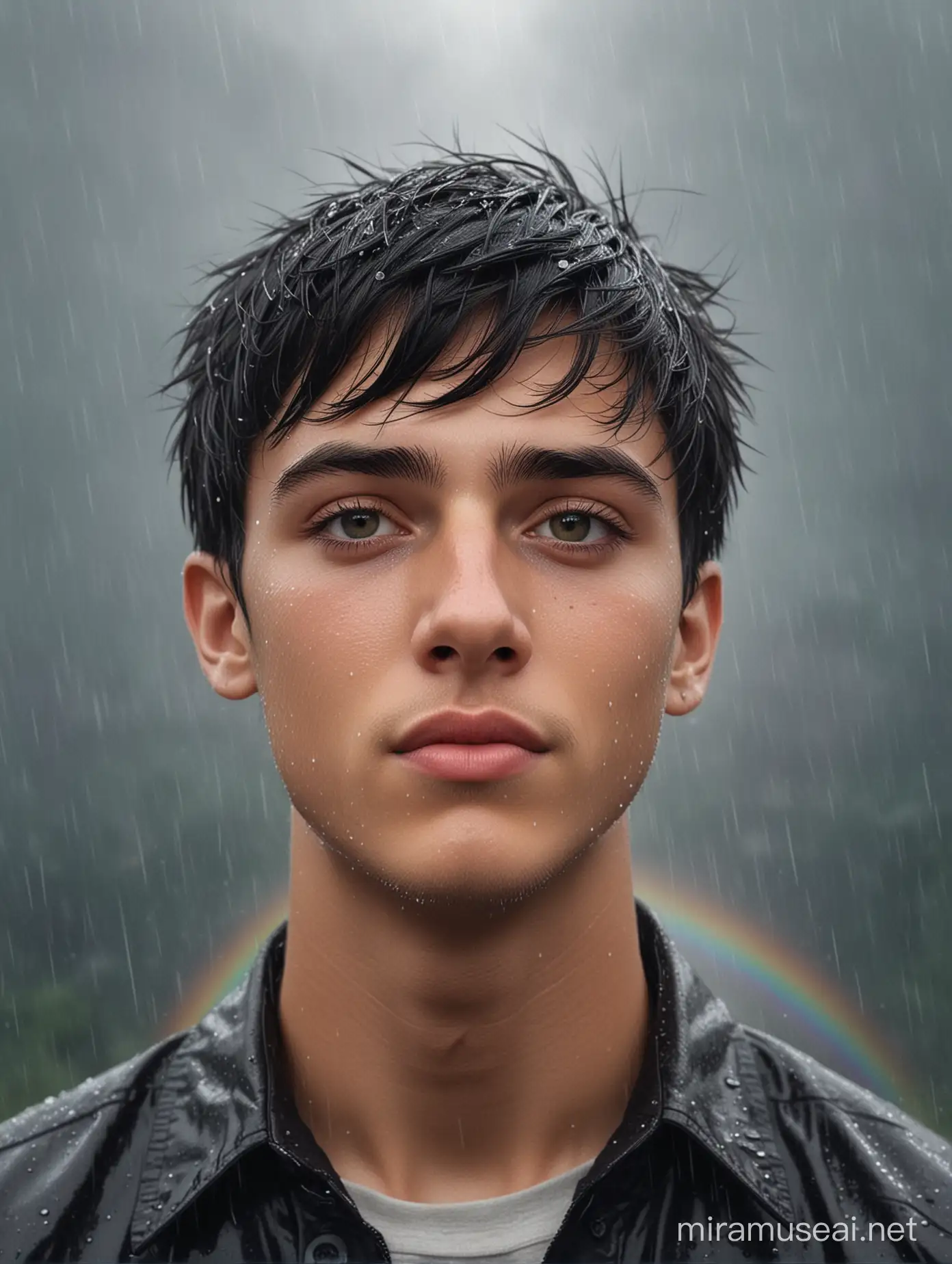 (Image of a young handsome man, 18 years old, oval face, short black hair, standing beneath a rain looking up at a rainbow), Hope, Rainy day, Moody colors, Morning, Reflective mood, Artist: RainbowDreams