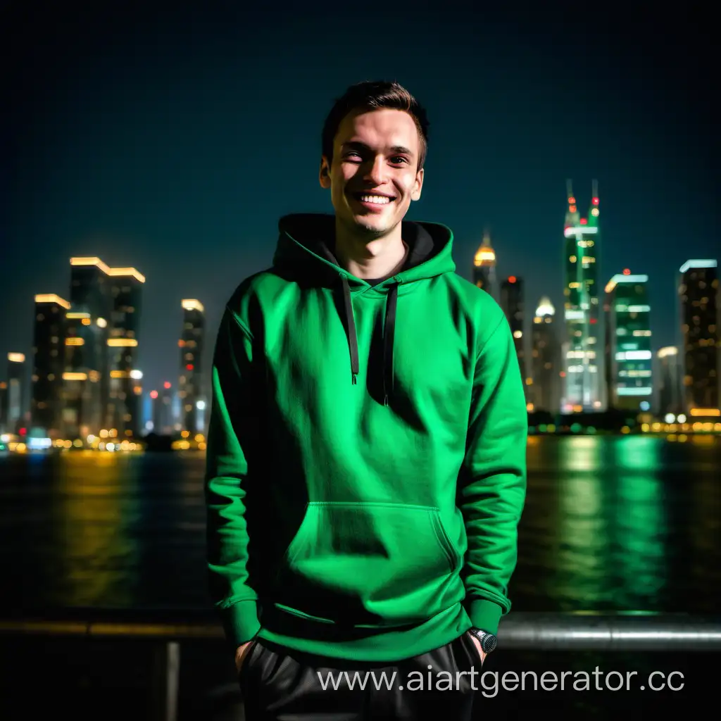 The image you uploaded shows a man standing against the background of illuminated high-rise buildings at night. The man is wearing a green hoodie and black trousers and is smiling slightly while looking at the camera. Behind them you can see the urban landscape, the skyscrapers are decorated with colorful lights. It seems to be a pleasant urban night scene.