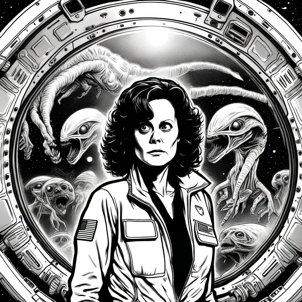 simple black and white drawing of of scared sigourney Weaver wearing white on spaceship as she faces ONE scary alien all in white from 'Alien' movie all in white 
