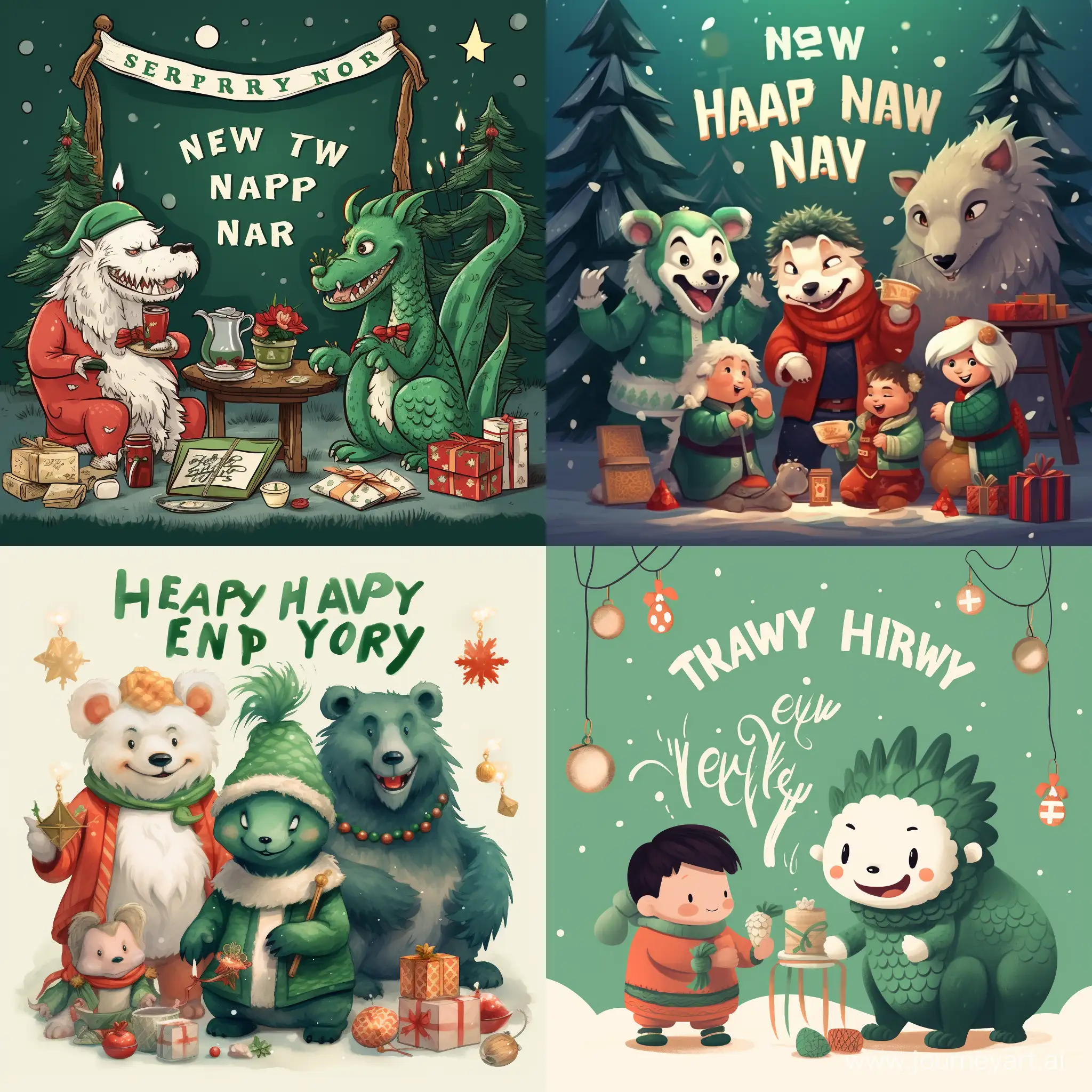  Новогодняя открытка с текстом "С наступающим Новым Годом!" На картинке присутствует китайский  Зелёный, дракон, снег, новогодняя ель, подарки. Общее настроение праздника и уюта. Рядом сидят медведь, волк и заяц.