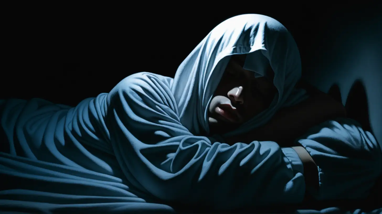 lying down covered head and face by shirt in darkness 