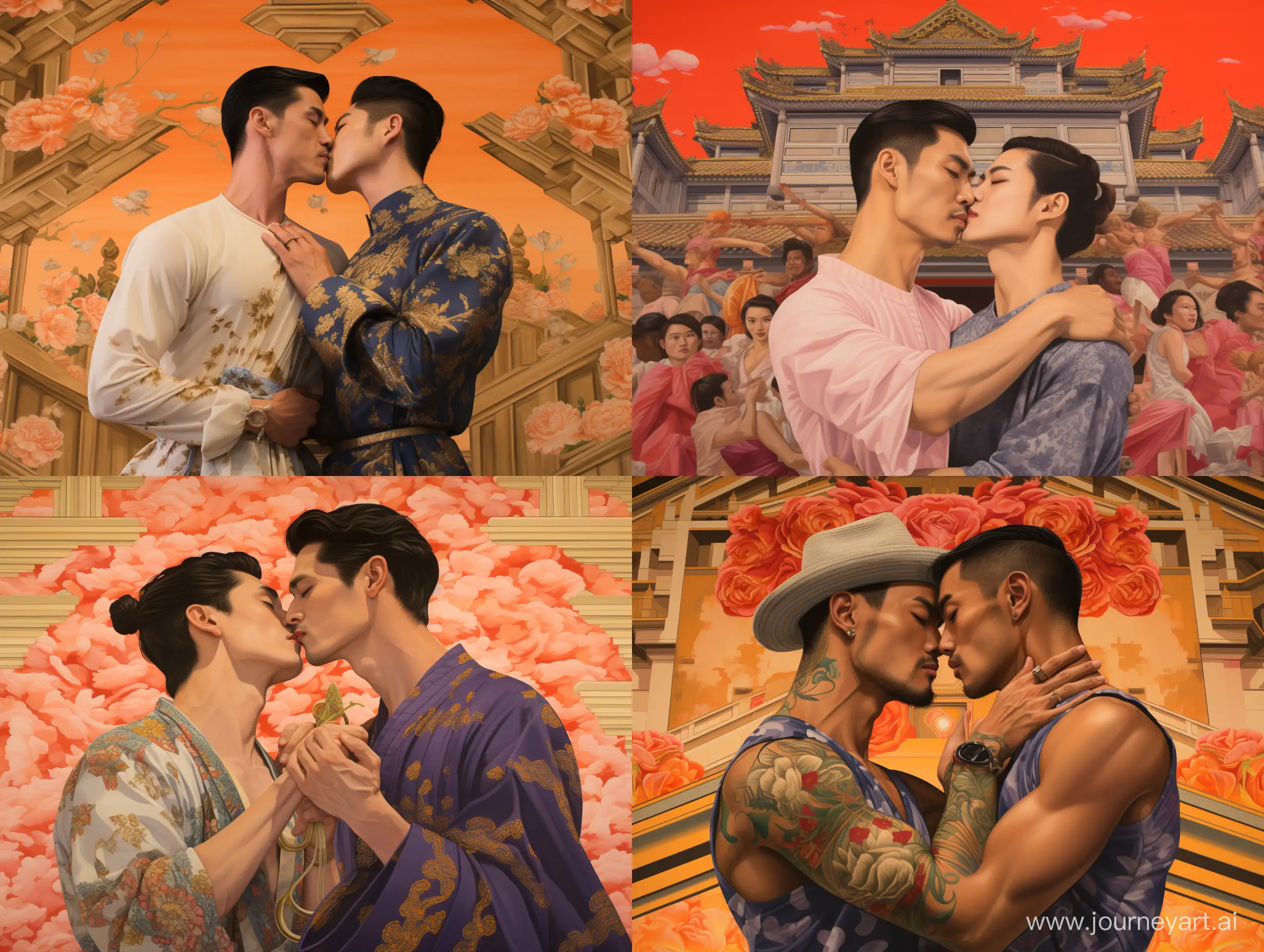 two Thailand gay actors kissing in front of  Phra Phrom, full-length portrait, surrounded by their fans,
Ukiyo-e style