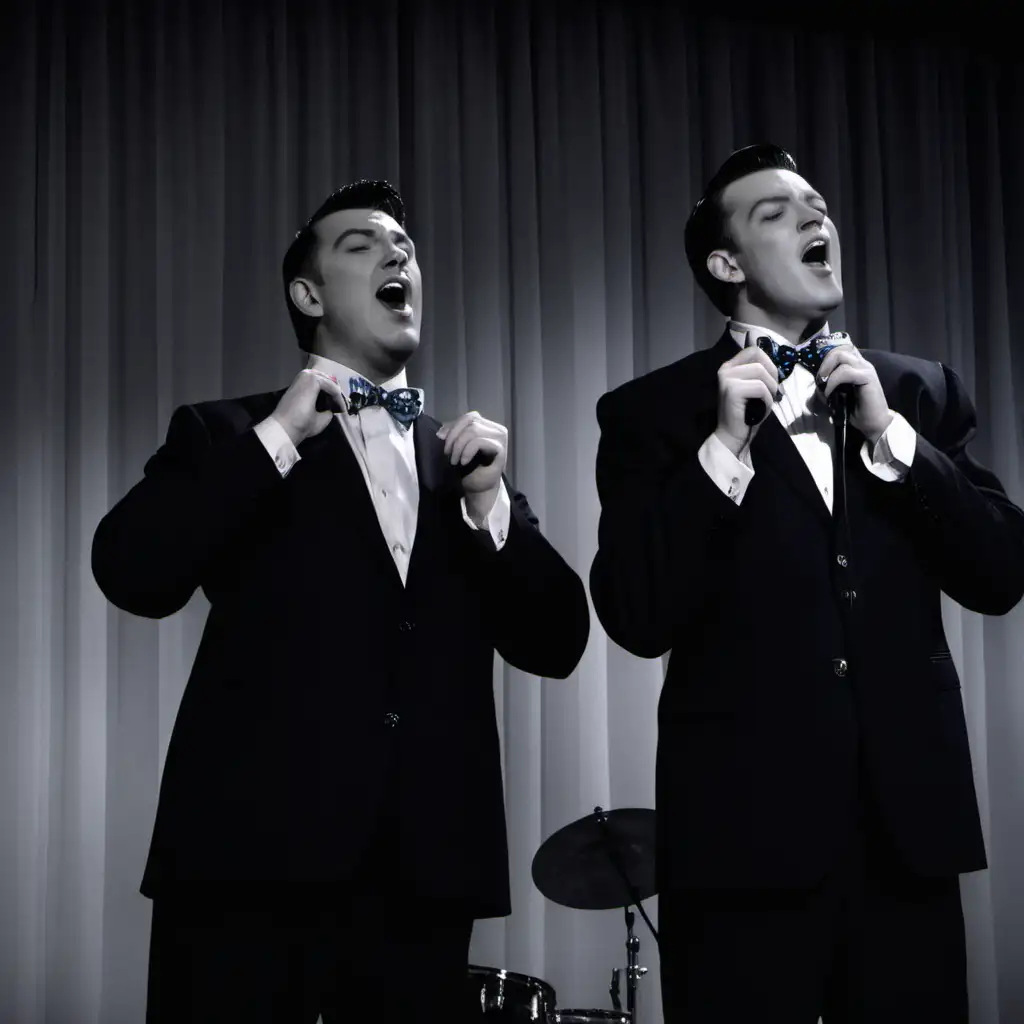 Elegant Duet Stylish Men in Suits and Bow Ties Singing Harmony