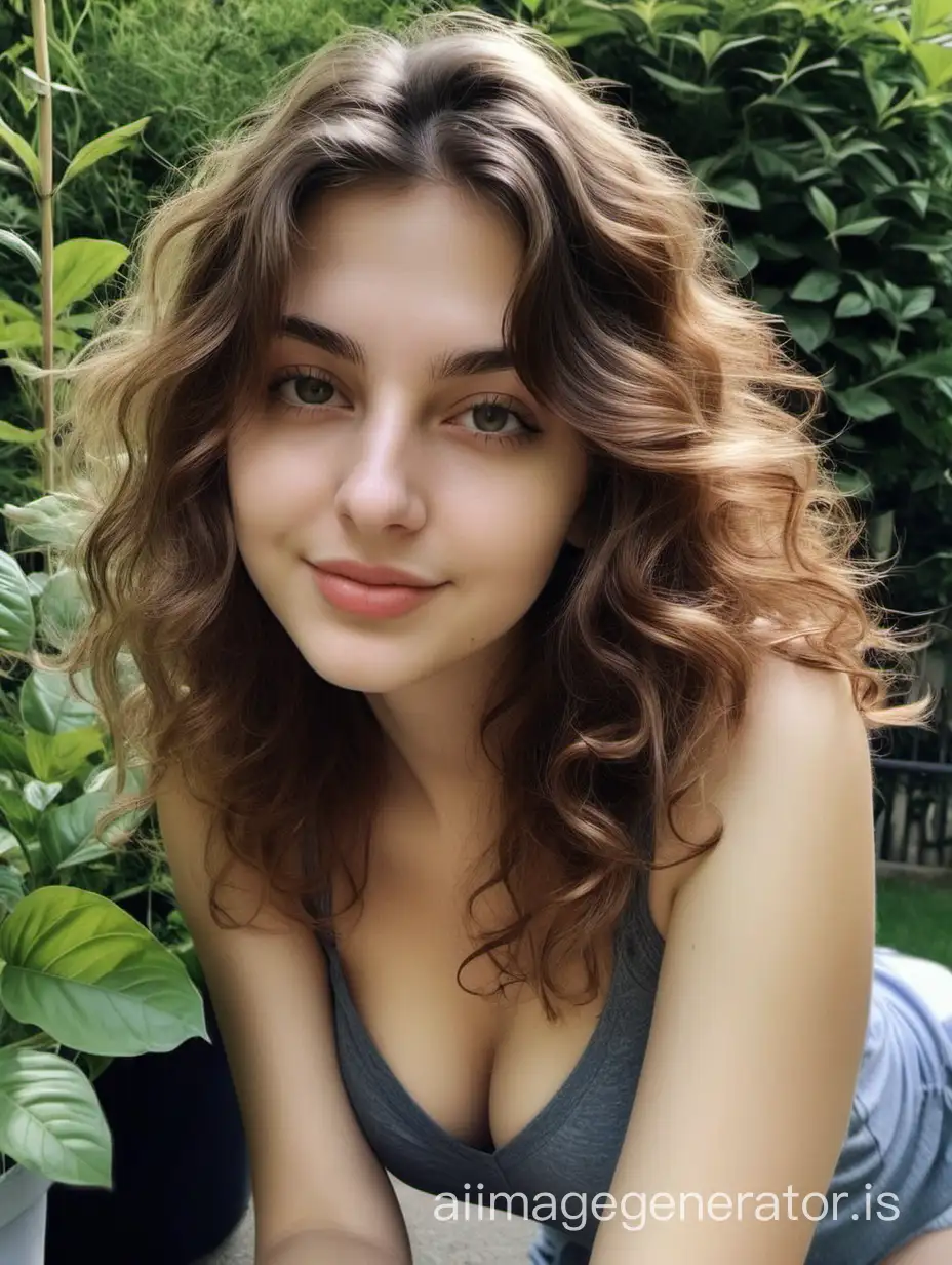 a photo of Michela, an Italian prosperous girl just came back home from college with brown wavy hair, taking a self hot picture relaxing in the garden