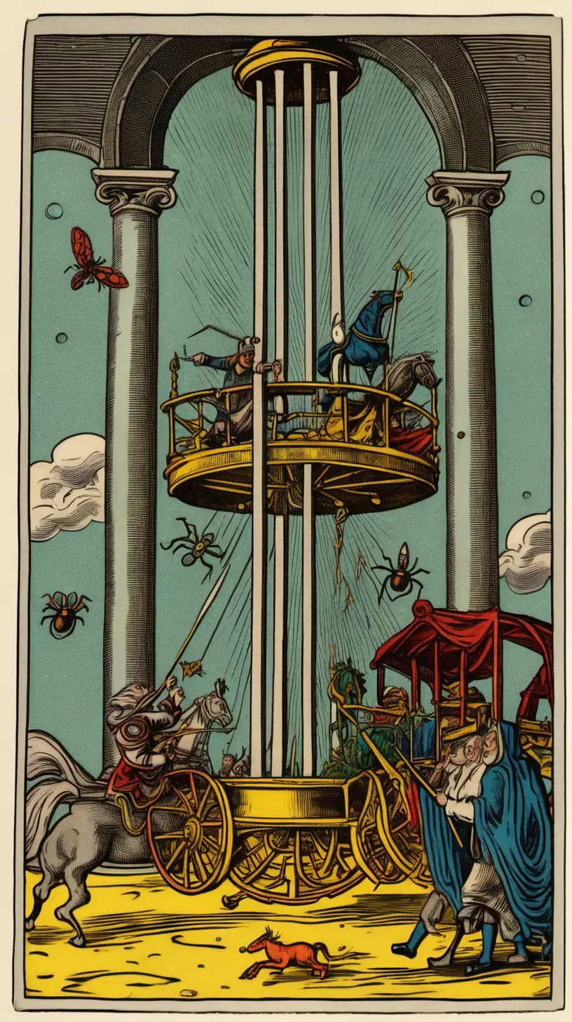 A Tarot card from the Marseille deck, featuring the number 7 in the upper left corner, portrays The Chariot beneath a canopy supported by four columns drawn by a horse and a donkey chasing a carrot, carrying an aged mage, wielding a scepter, one can discern a needle, white tiles, gynecologist's scissors, and neon tubes, the scene unfolds on a rainy night, with the presence of elevators and escalators, within the composition, there is a spiral, a mousetrap, and a spider's web.