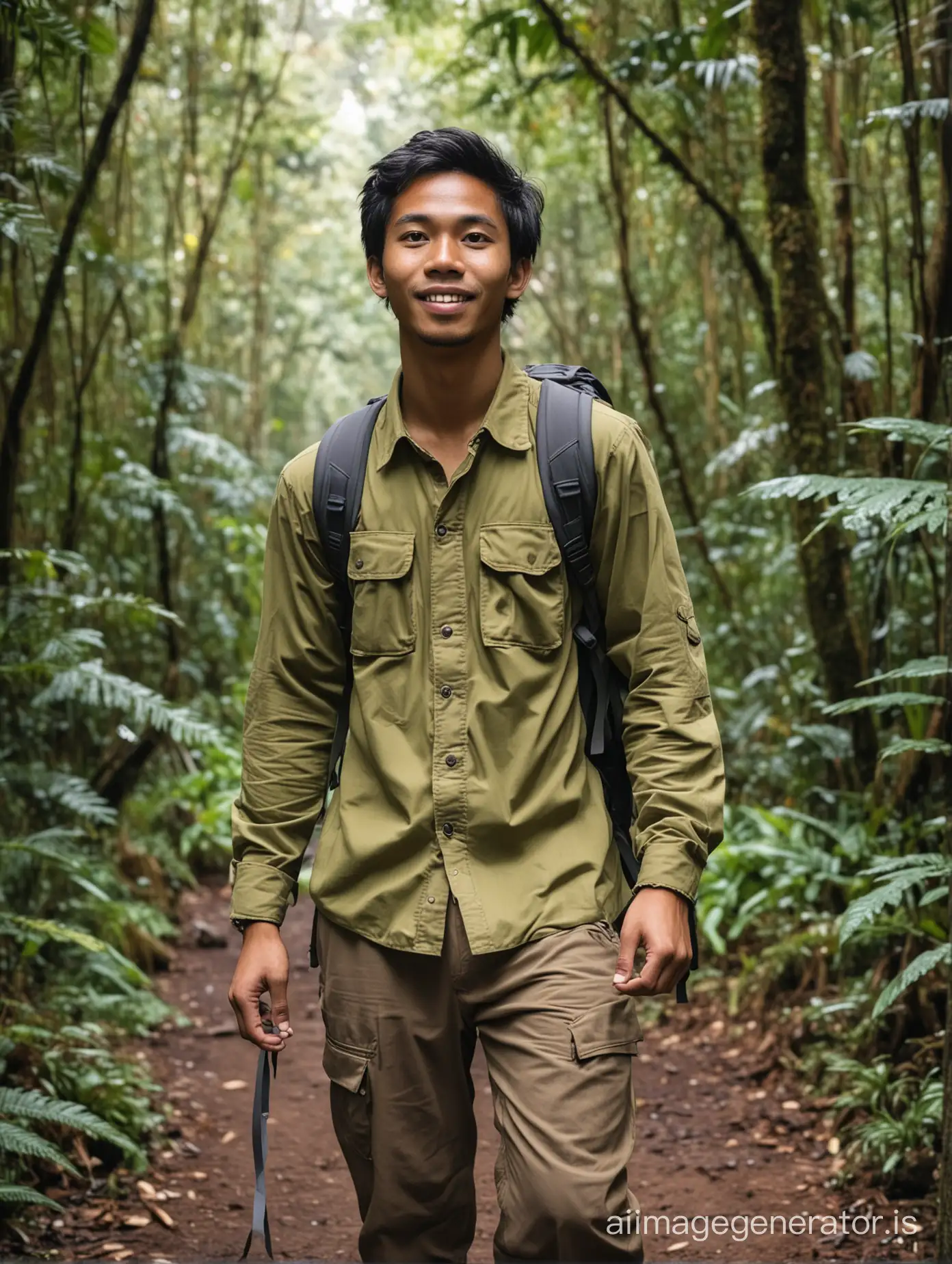 Young indonesian man, wearing outdoor outfit, hiking, rainforest