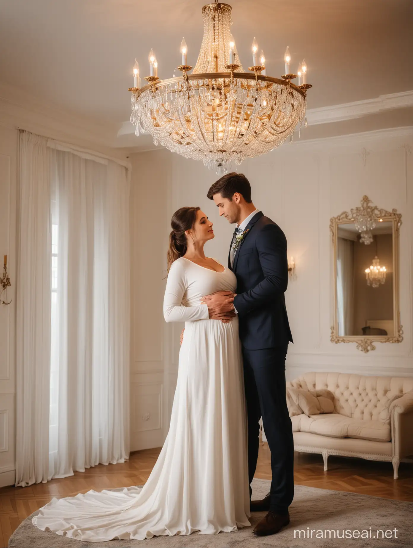 A beautiful pregnant nanny held romantically by a handsome young man, while standing in a room with a beautiful luminous chandelier from above. 