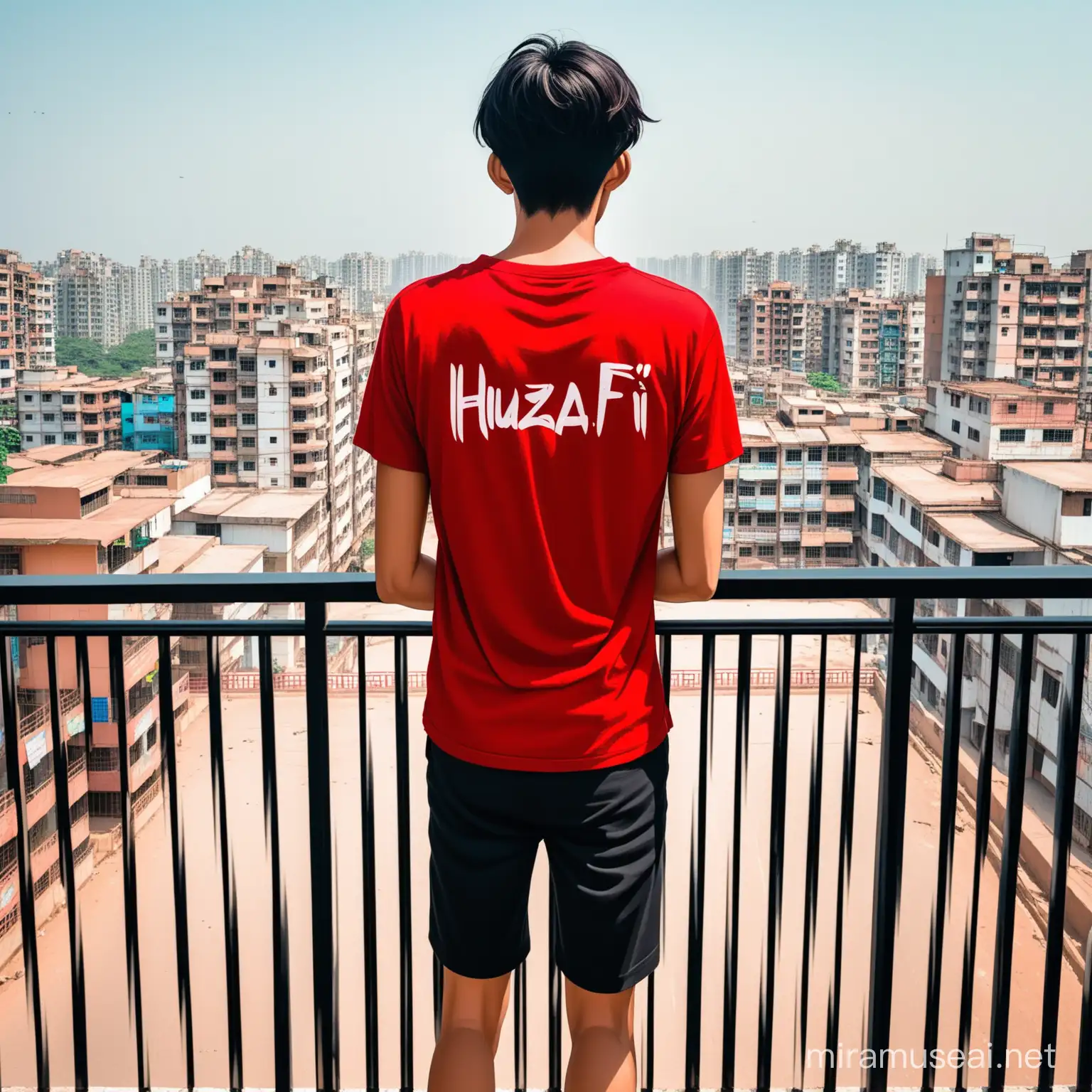 Generate an image of a 23-year-old man with his back facing the viewer, wearing a red t-shirt with the name HUZAIFA clearly written on it.  He is standing on a balcony, looking out at the road of  developed city, lost in deep thought