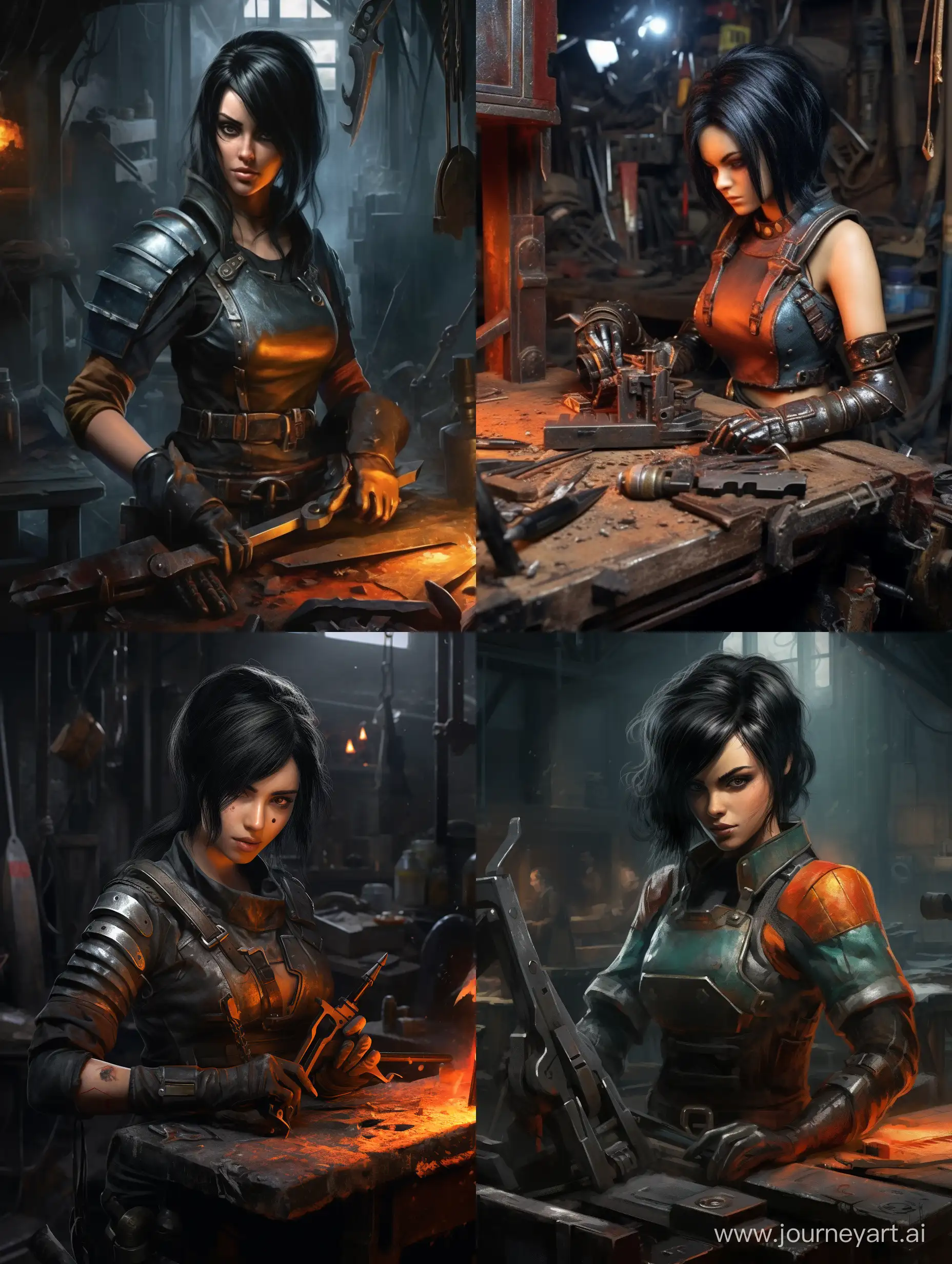 warhammer 40k, eldar girl with black hair, with carpenter's hammer in hands, with square logo on weapon, It looks like a photo Inside the forge