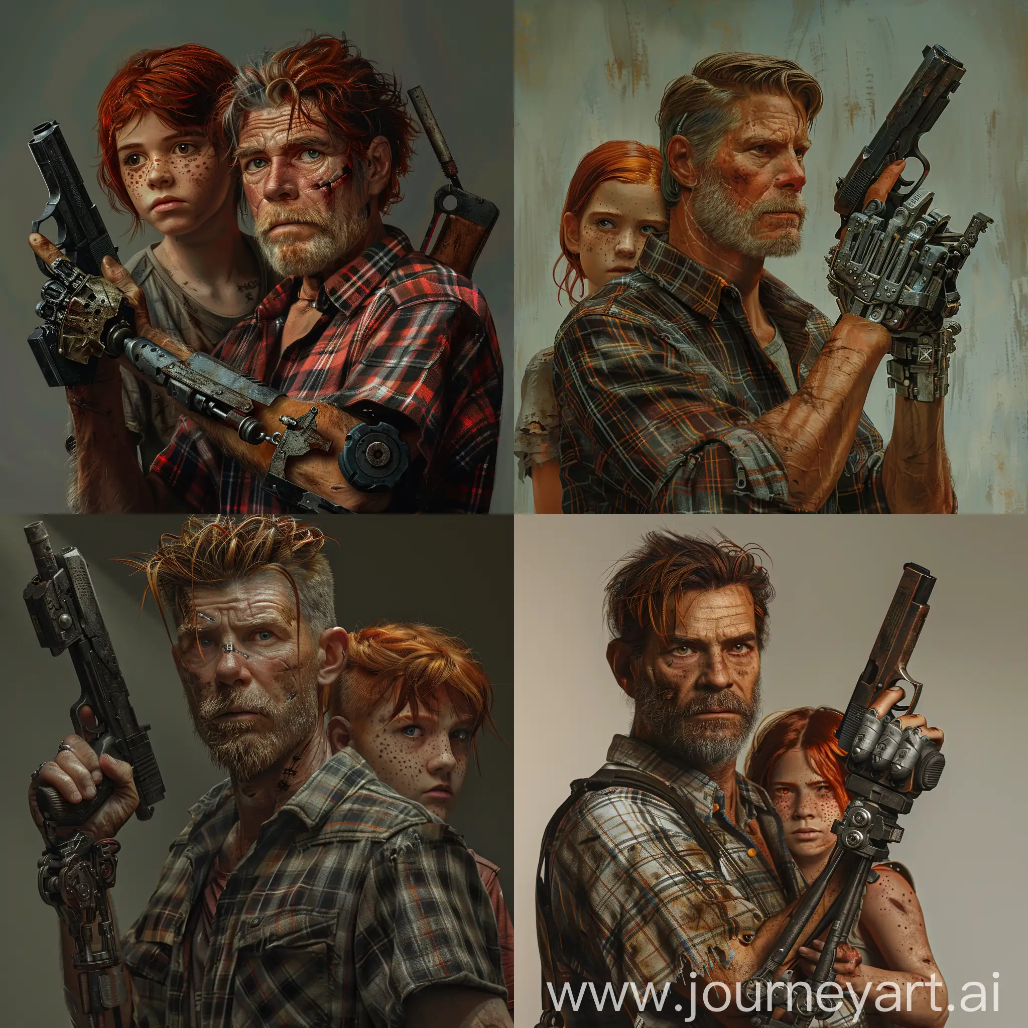 Two people, a brother and a sister. A man with a mechanical prosthesis of his right hand, medium-length hair with gray, a small beard, holds a pistol in his left hand. He's wearing an old plaid shirt. A red-haired girl with a short hairstyle, freckles on her face hides behind her brother. The style of the post-apocalypse. High quality, lots of details, 4k

