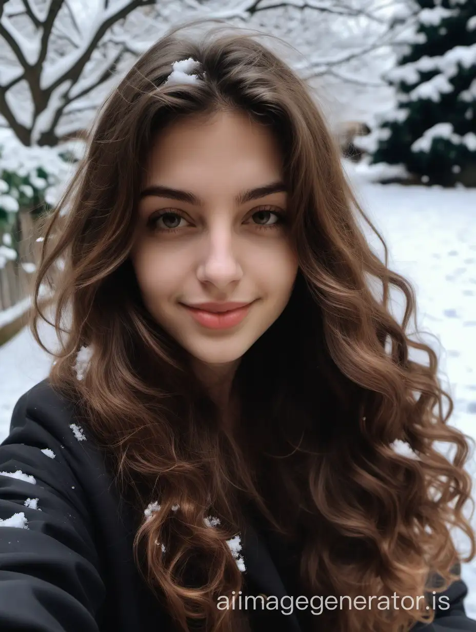 a photo of michela an italian prosperous girl just came back home from college with brown wavy hair taking a self hot picture relaxing in the garden with snow around