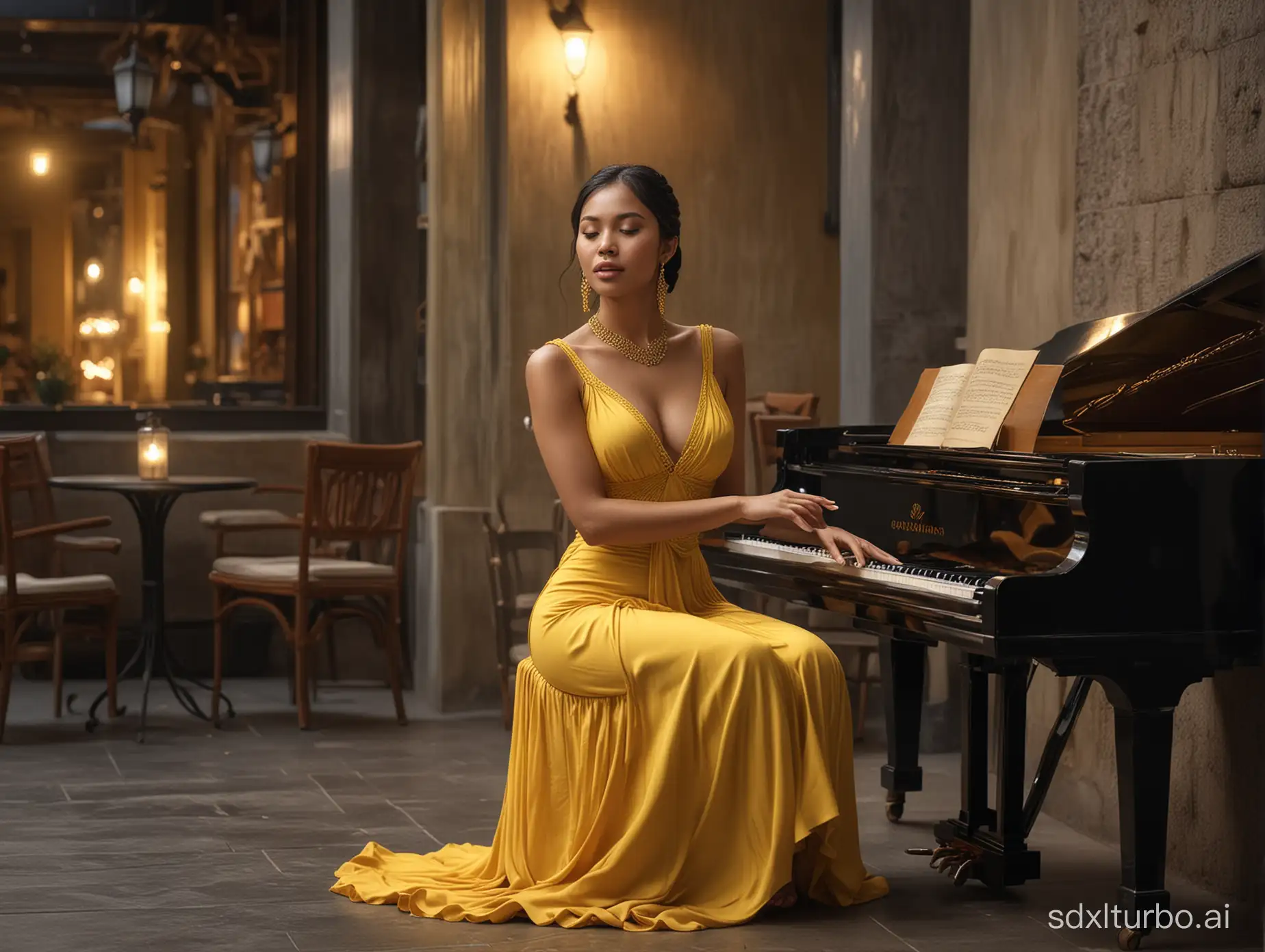 Imagine a 4K oil painting featuring an Indonesian woman in a flowing yellow dress, slim fat body, sitting and gracefully playing a jazz piano in a dimly lit room. Black hair was styled in an intricate braid, accentuated with dangling earrings and a sparkling necklace. With closed eyes and a soulful expression, he pours his heart into the music, captivating the audience with his talent and passion. dimly lit luxury outdoor cafe background