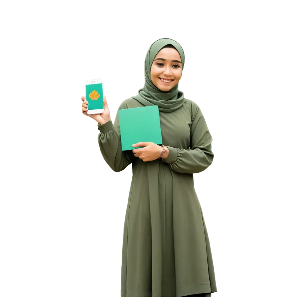 Hijabi girl holding hari raya greeting cards on her right handand and handphone on her left hand. Digital art