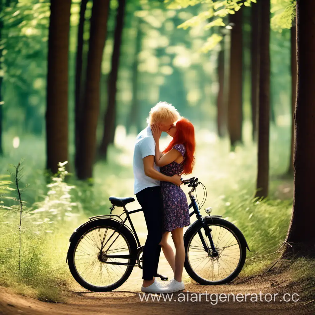 Низкая девушка с красными волосами, и высокий парень блондин страстно целуются в лесу летом на велосипедах

