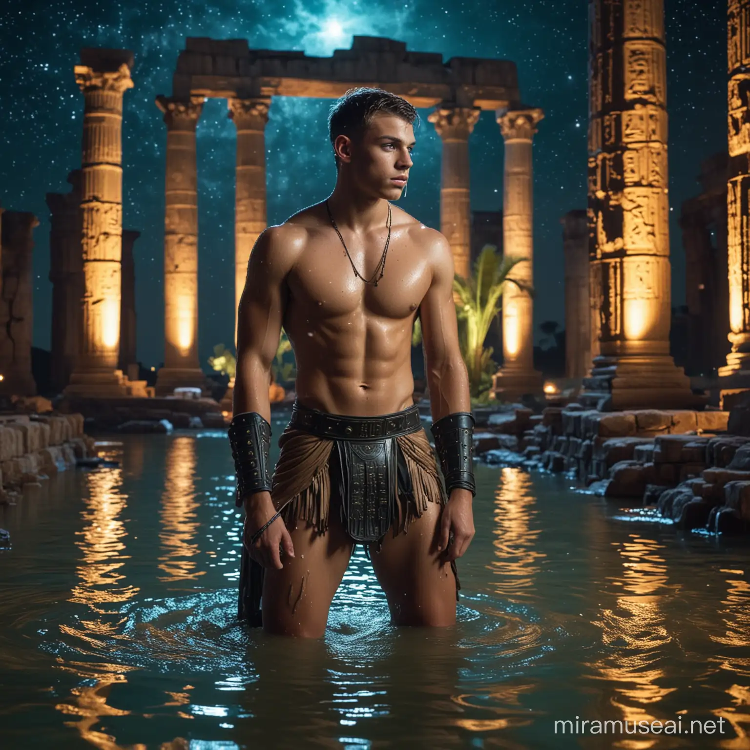 Sexy sweaty wet muscular young teen boy with shaved hairdress, crouching in the water of an oasis. Dressed as a roman soldier shirtless. In the ruins of a egyptian temple. At night. The sky is full of stars with a huge galaxy. Blue and green neon colors ambient.
