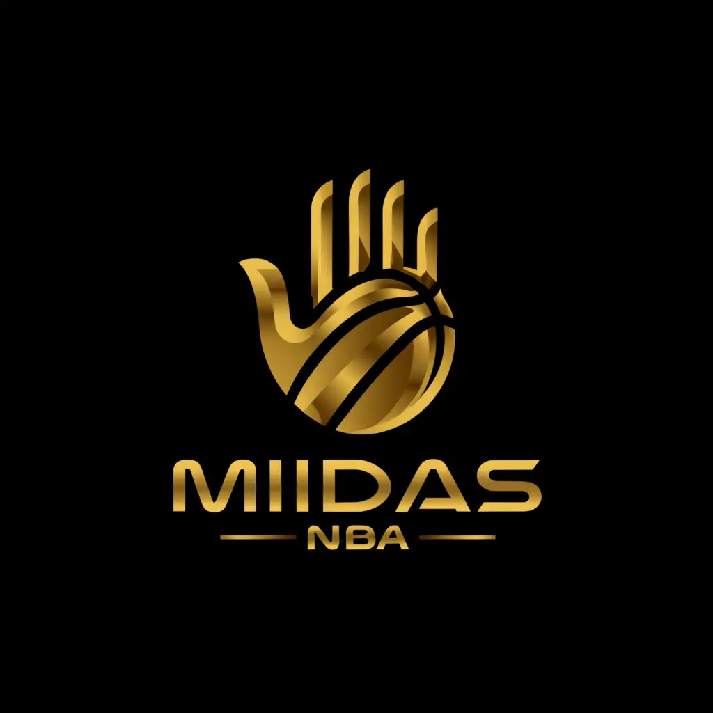 LOGO-Design-For-Midas-NBA-Golden-Hand-Holding-Basketball-on-Black-Background