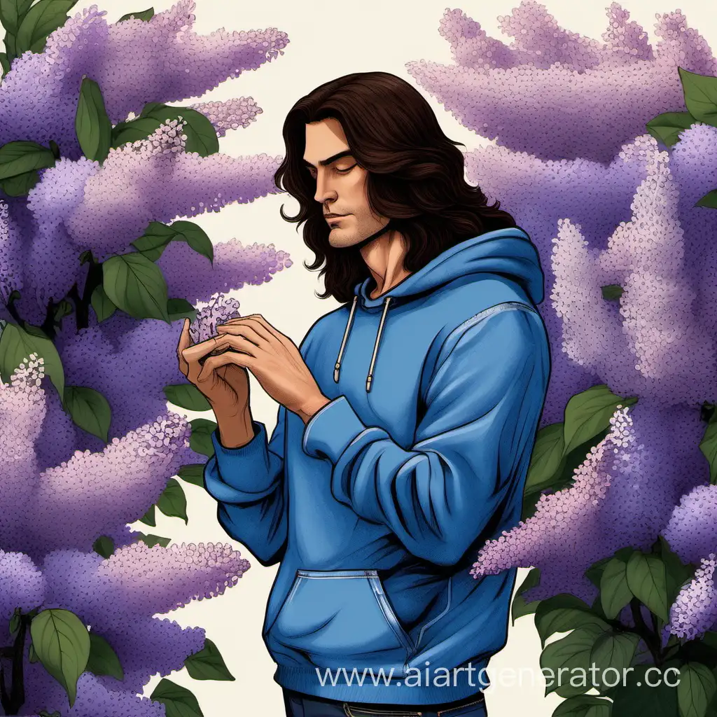 Man-in-Blue-Sweatshirt-Smelling-Lilacs-with-Long-Dark-Brown-Hair