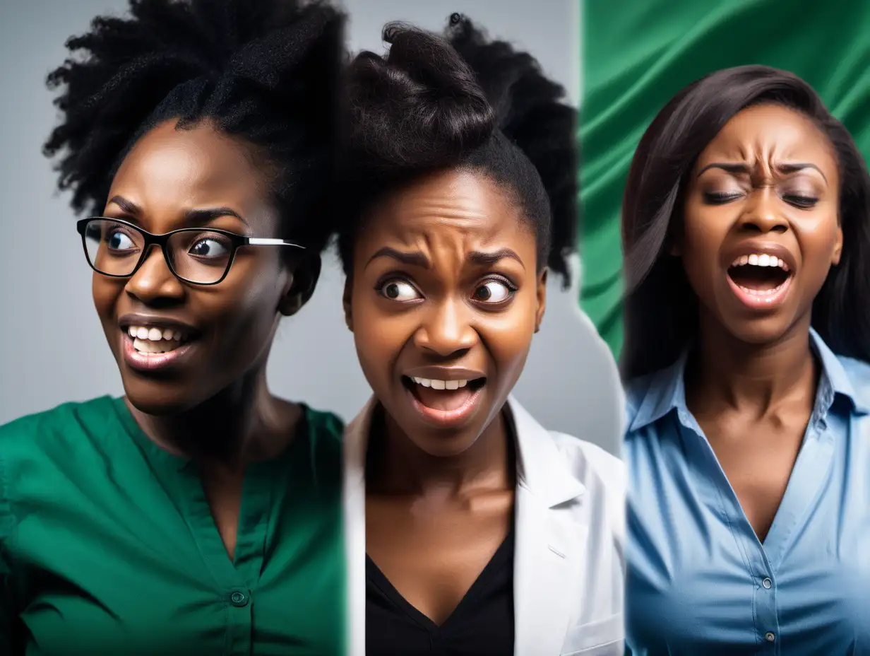 A split image concept. One side showcasing a Nigerian woman stressed or unfulfilled in their current situation, the other side depicts a Nigerian career woman thriving and excited in a new study abroad environment.