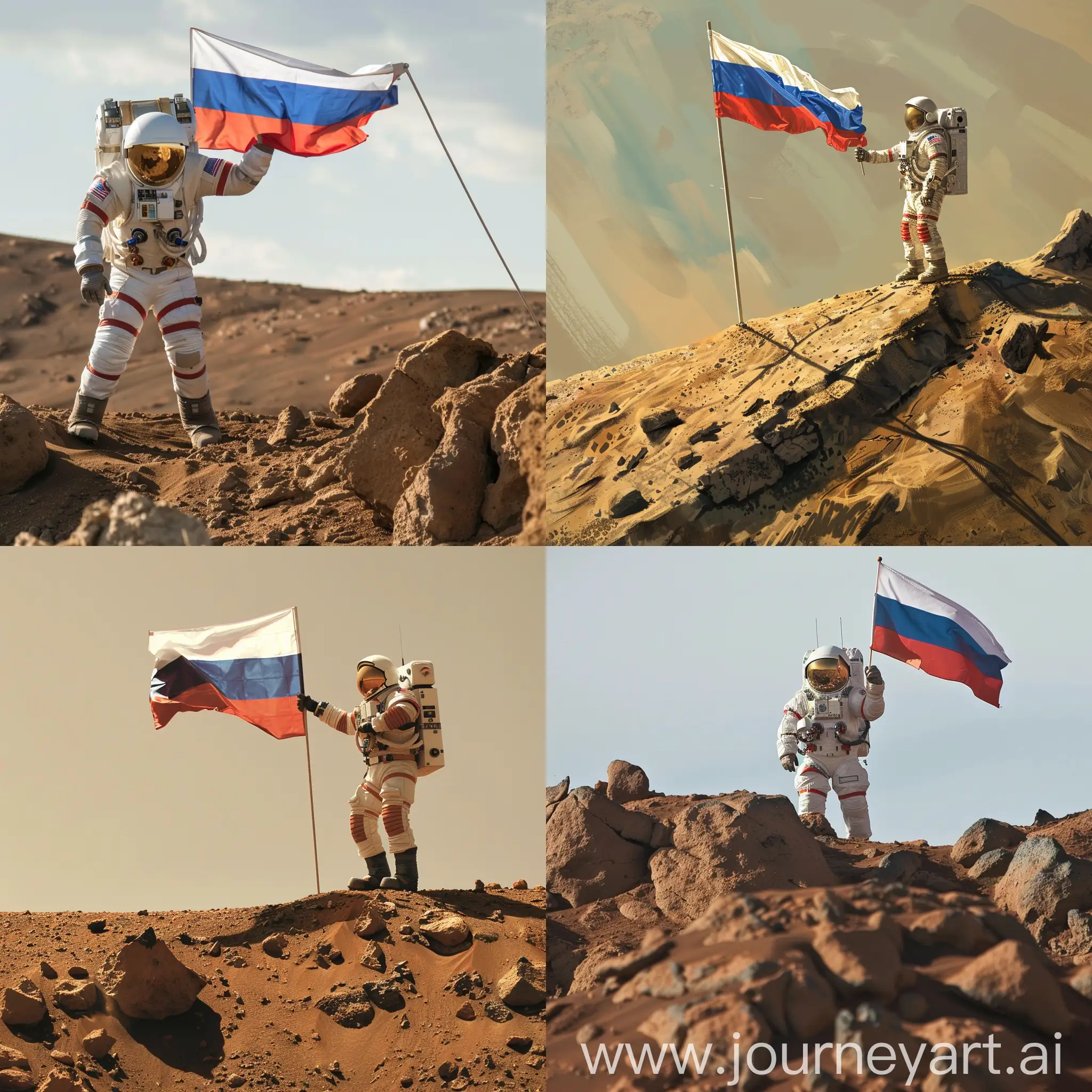 Русский космонавт на марсе, высадка, радость, ставит флаг России