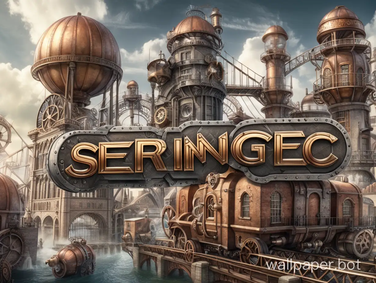 word title "SERINGTEC" with steam punk structures buildings and engineering devices