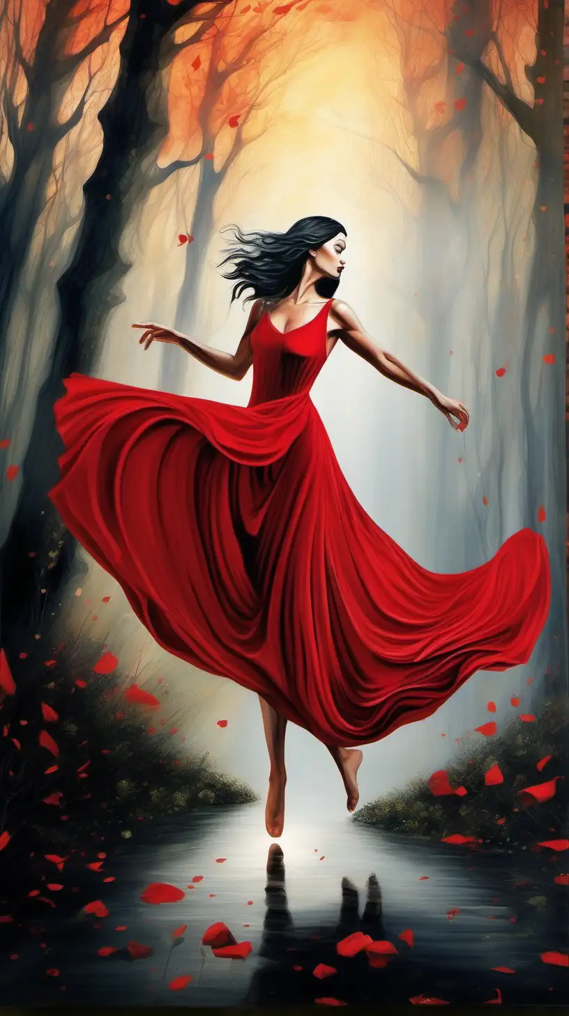 DEPICT THE ESSENSE AND beauty of A DARK HAIRED, RED LIP  lively and dynamic dance scene featuring a Gemini, expressing their dual nature. Illustrate their quick and versatile movements in a whimsical environment filled with light and air, capturing the essence of their curious and communicative spirit in a gorgeous flowing dress. tippy toes . in an imaginary forrest with beautiful sunrise light. make her thick and sexy and fitting art for a bathroom.