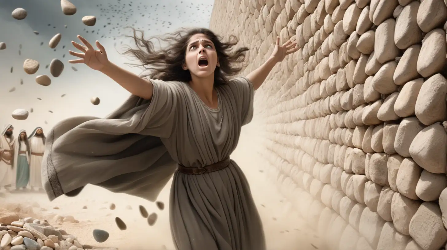 epoque biblique, une femme hébreu qui a très peur debout face caméra, derrière elle un grand mur, elle reçoit de nombreuses petites pierres qui volent vite vers elle, elle se protège le visage avec ses bras pour éviter les pierres