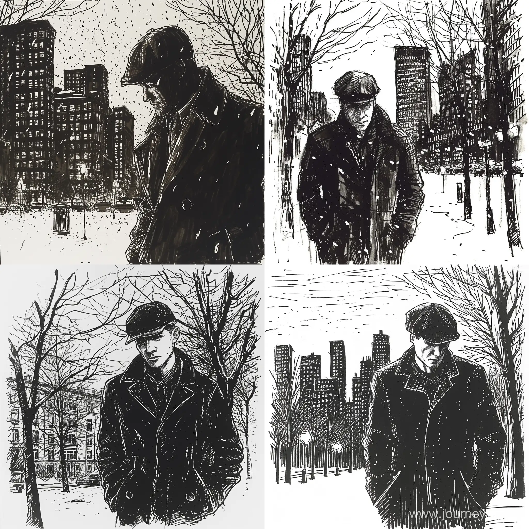 Зима, мужчина в кепке идет по вечернему городу, руки в карманах, рисунок чёрной тушью