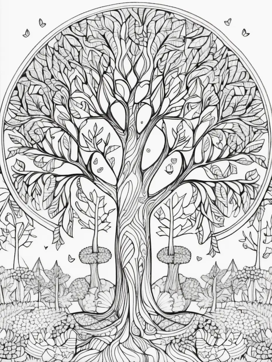 Mandala Trees Adult Coloring Page for Relaxation and Mindfulness