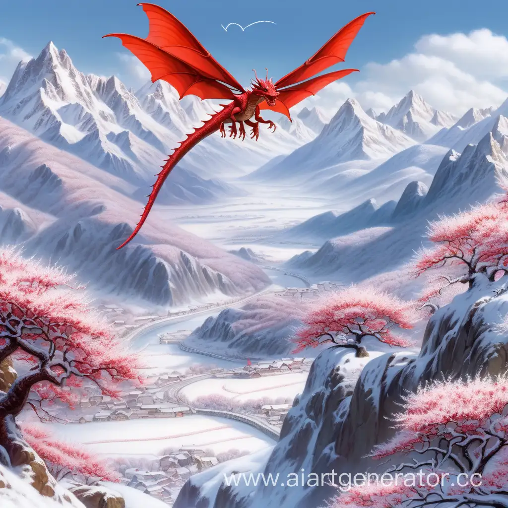 Красный дракон, летит над горами покрытыми снегом, внизу расстилется цветущая долина