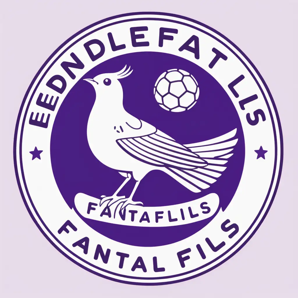 Circular soccer team logo with a Fantail bird with its tail open and no crest in pastel purple on a white background with text "Edendale Fantails" 