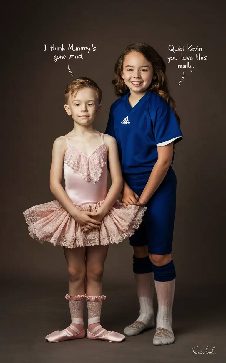 Gender role-reversal, a white cute 6-year-old thin boy facing forwards, his mother has dressed him up in his sister’s baggy lacy pink ballet dress and frilly pink ankle socks and ballet slippers, the boy’s 7-year-old sister who is wearing a tight blue football uniform is stood next to the boy, all facing forwards, adorable, perfect faces, perfect faces, clear faces, perfect eyes, perfect noses, clear faces, smooth skin, photograph style, the boy is captioned “I think mummy’s gone mad.” And the girl is captioned “Quiet Kevin, you love this really”, clear captions, accurate captions