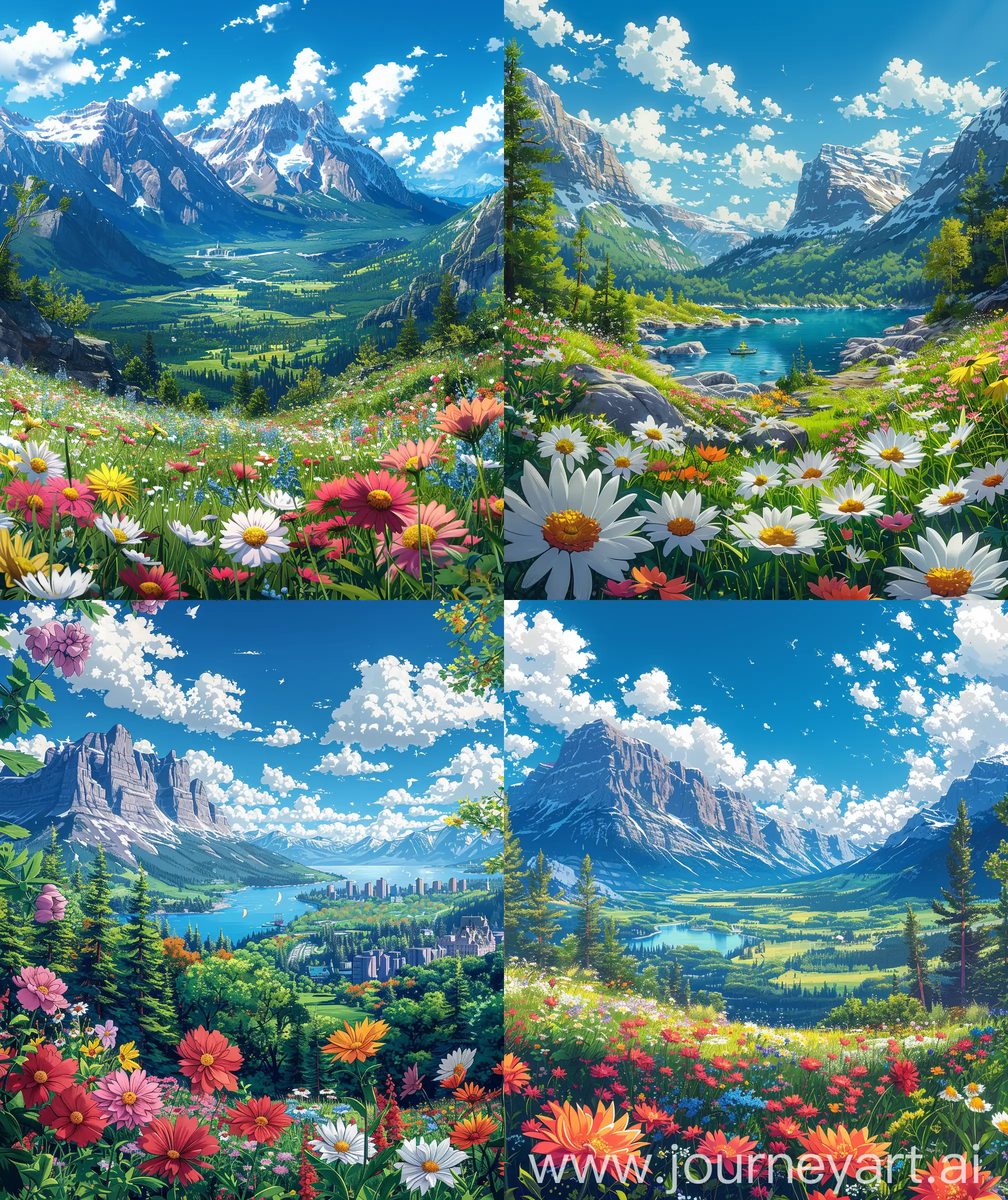 Lofi anime style, verious views of canada, flowers, summer, verious places of canada, lofi beautiful vibrant day sky, anime style, illustration, ultra HD, high quality, no blurry image, no hyperrealistic --ar 27:32 --s 600