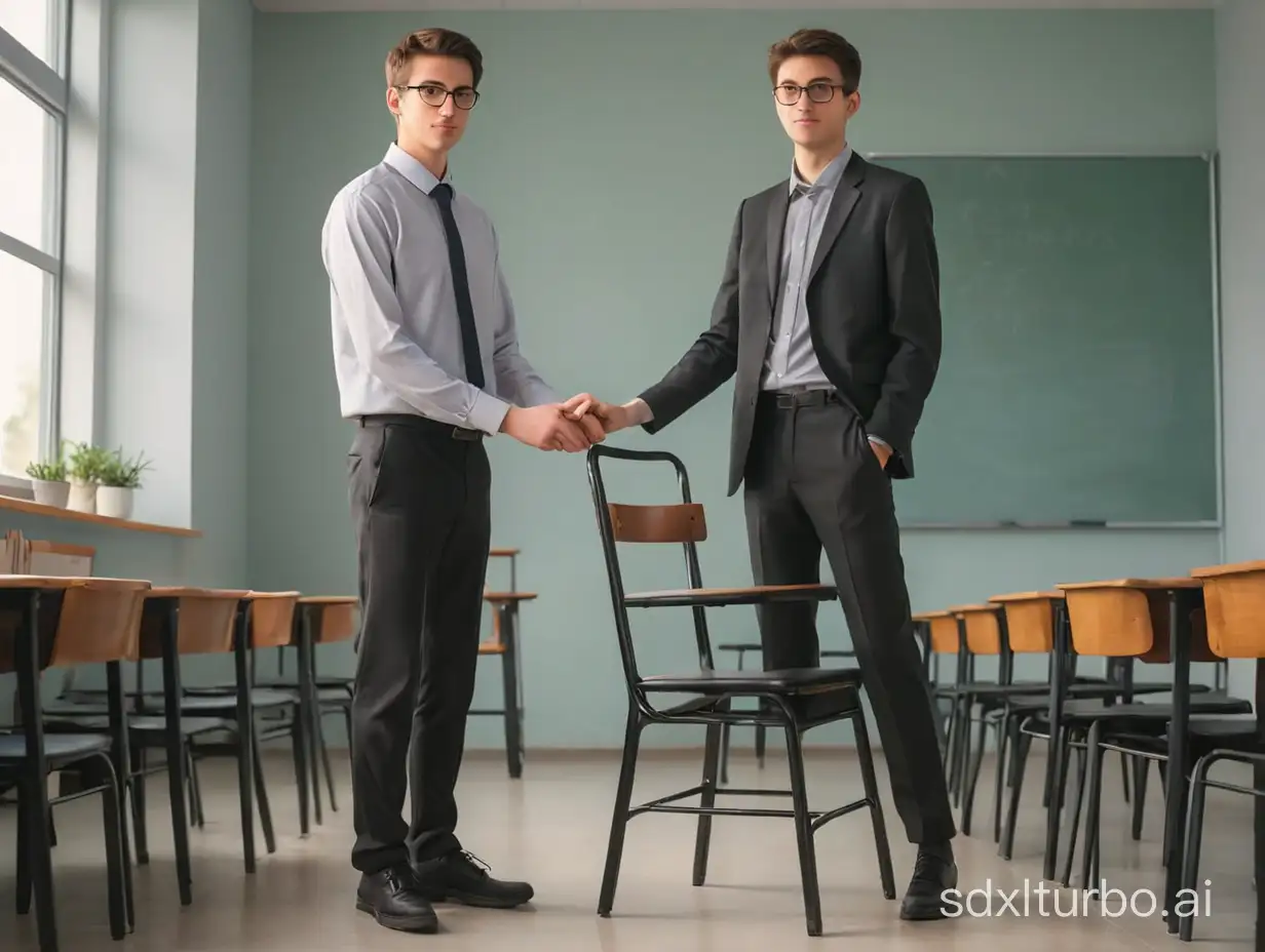 Teacher-Correcting-Tall-Student-on-Chair-in-Classroom