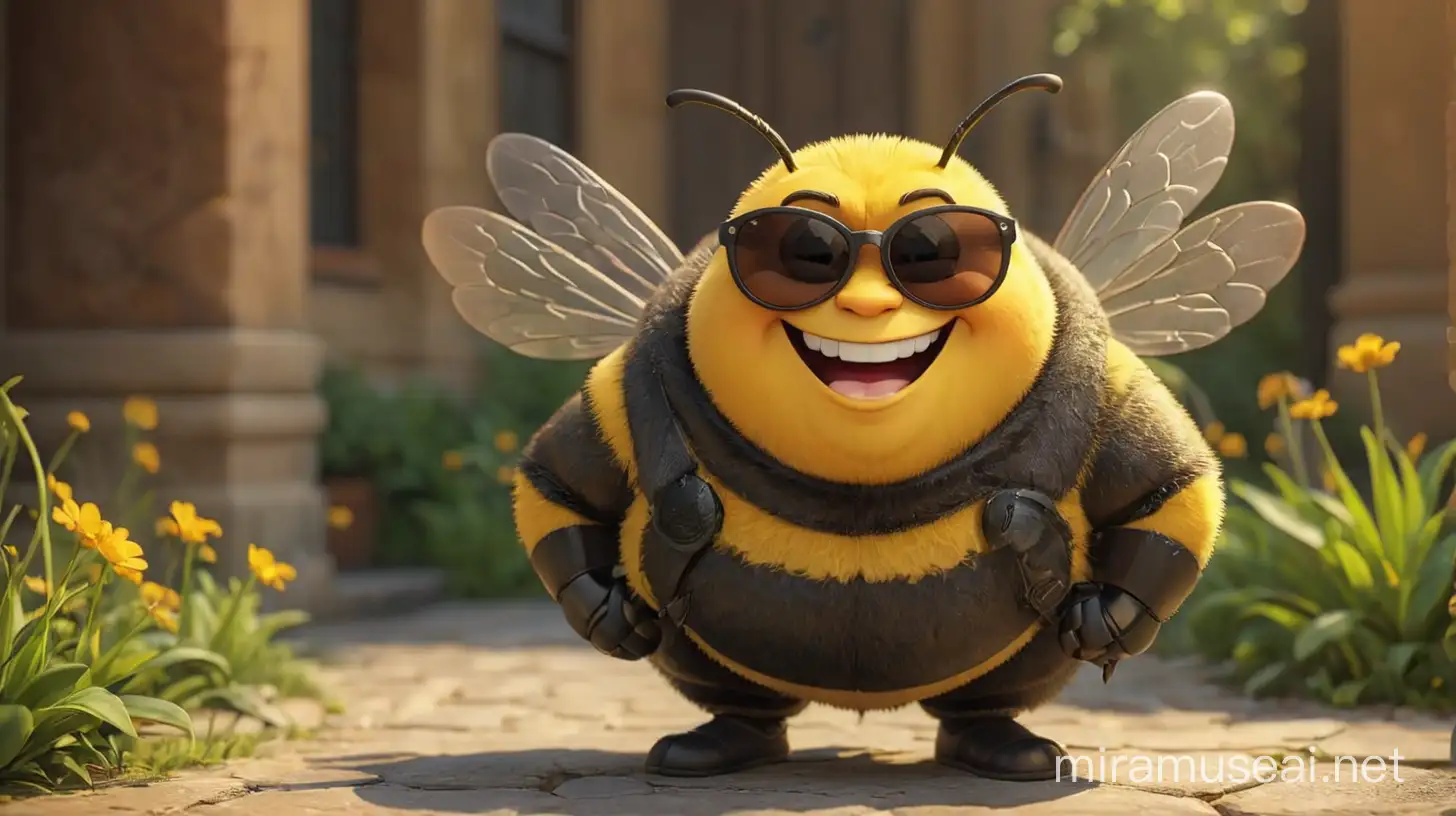 крутая жирная пчелка в в солнцезащитных очках стоит одна и улибвается прямо слева внизу надпись "Welcome"