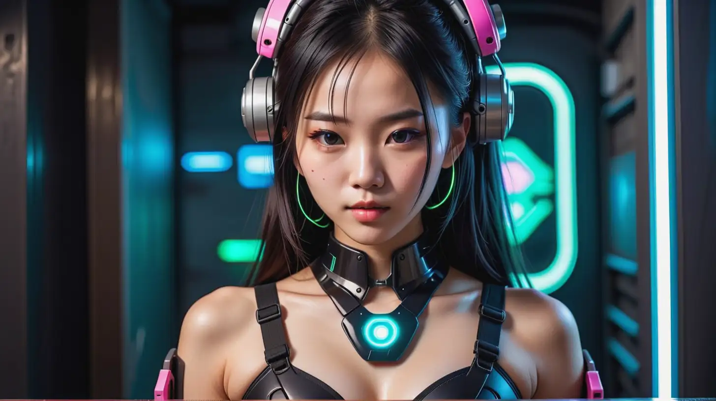 Cyberpunk Style, beautiful young asian woman, joytoy, behind the mox.