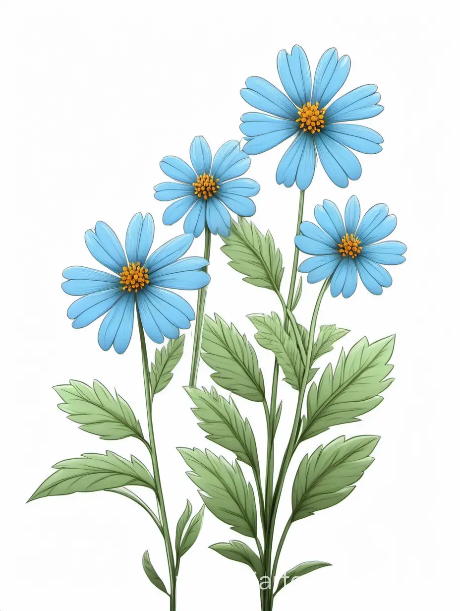 light blue BIG wildflower 3 plants lines art, simple, herb, Unique floral, botanical ,grow in cluster, 4K, high quality, white background,