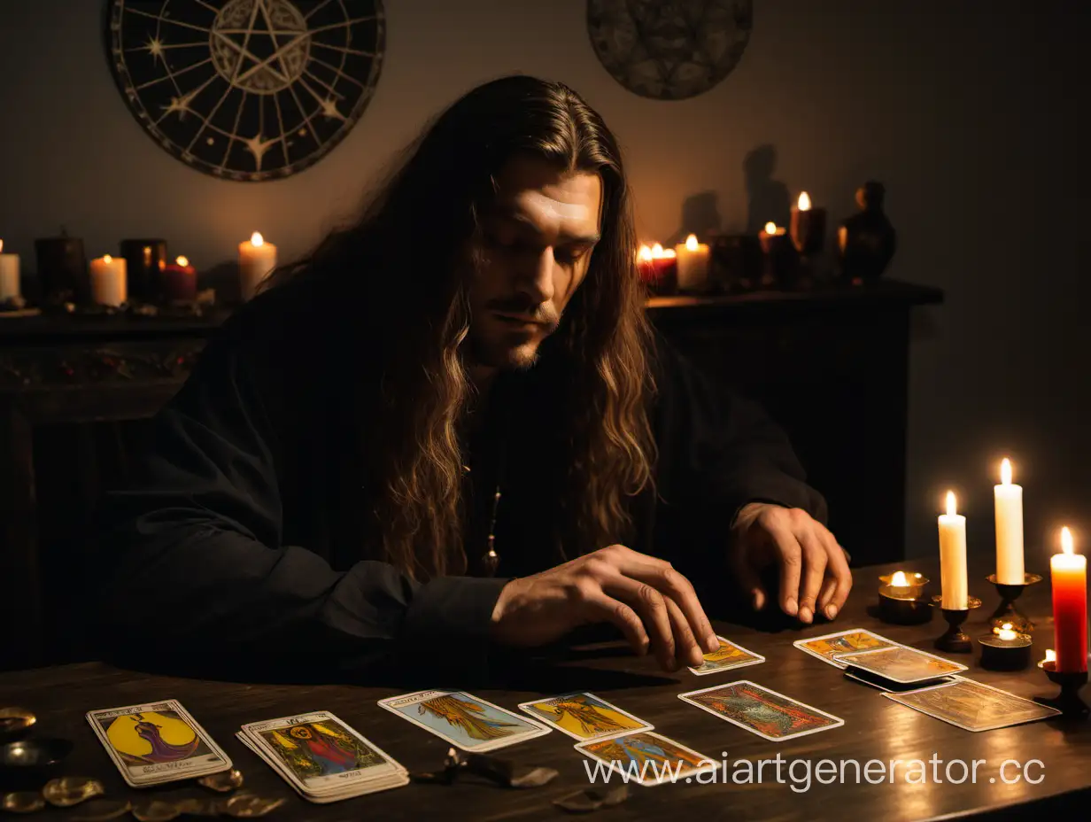 Мужчина с длинными волосами сидит за столом, перед ним карты ТАРО, свечи. Он гадает
