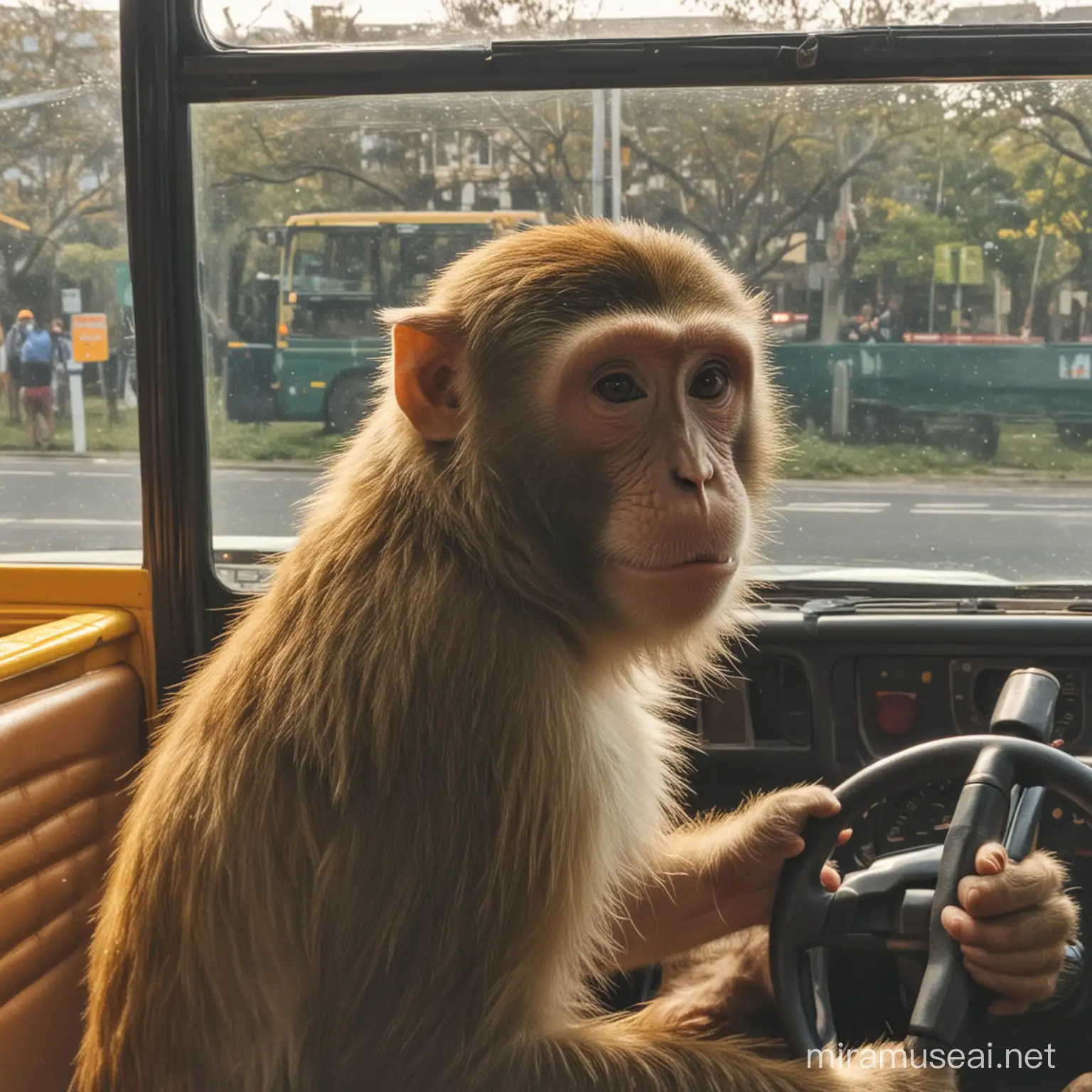 Monkey Driving Bus Playful Primate Steering Wheel Adventure