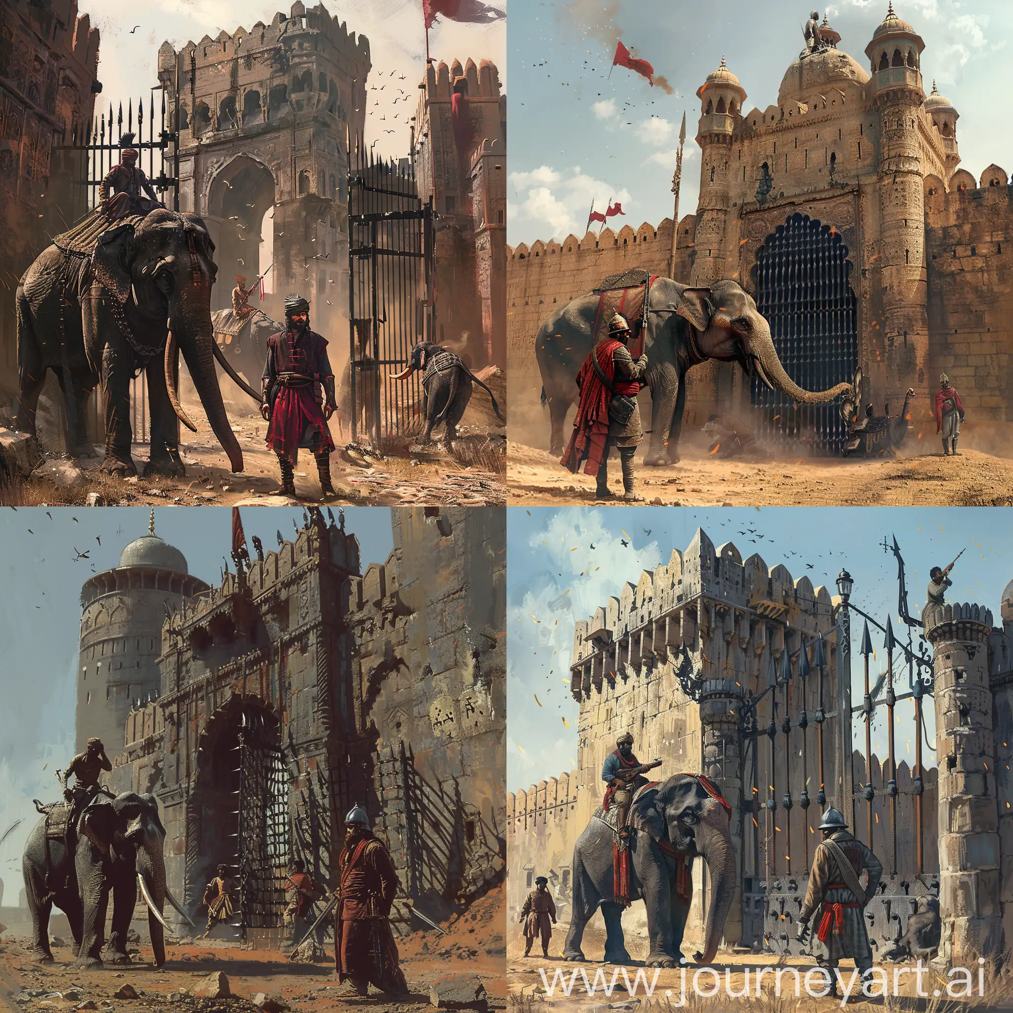 The year is 1498 CE. A battle is going on between the rajput forces and sultanate. Imagine a rajput soldier standing in front of the spiked gate of a fort. A war elephant is standing nearby with a man sitting on top of the elephant.