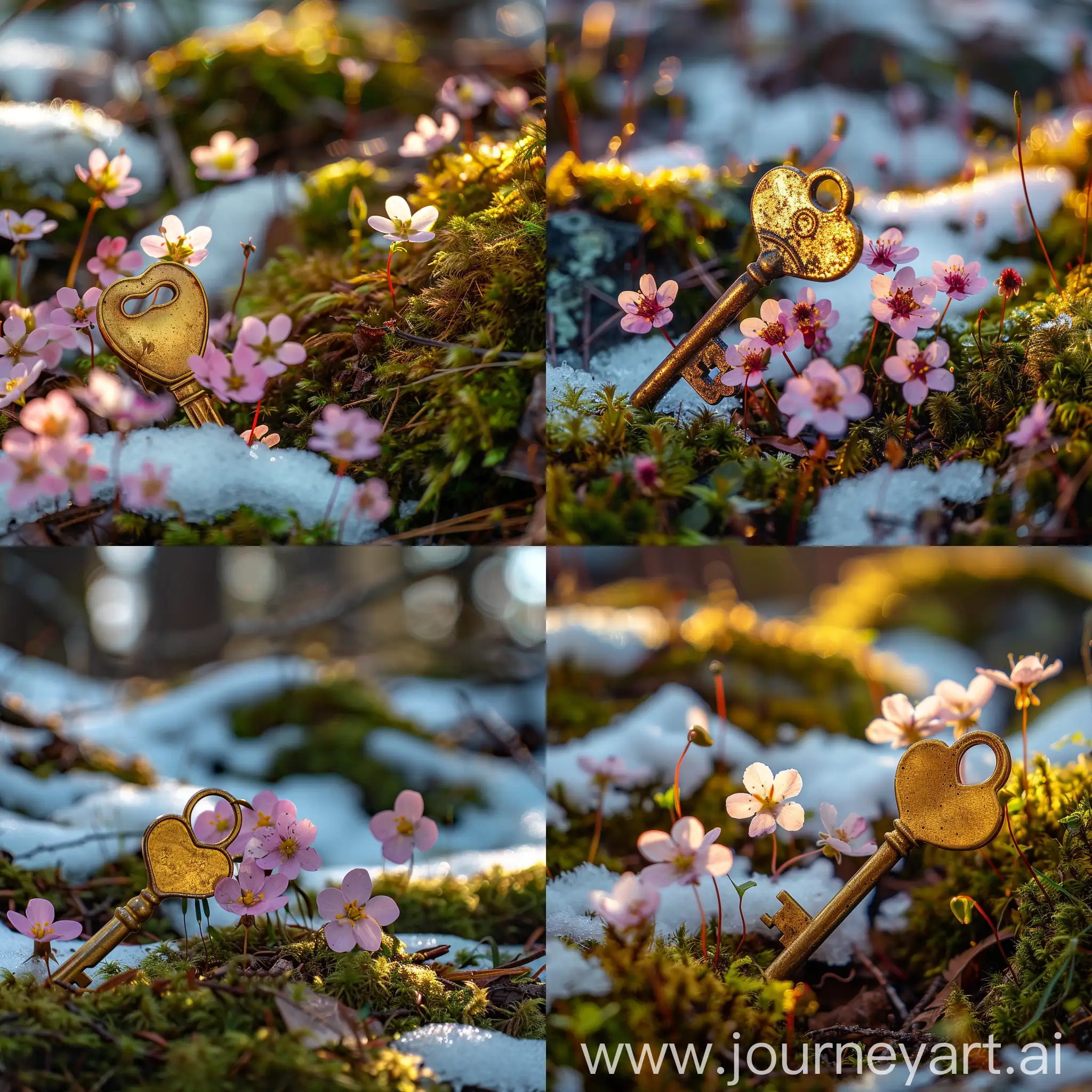 В мелких розовых цветочках лежит золотой винтажный ключ в форме сердца ,крупным планом, островки снега, мох, в лесу, утреннее солнце ,профессиональное фото , высокое качество,ultaHD