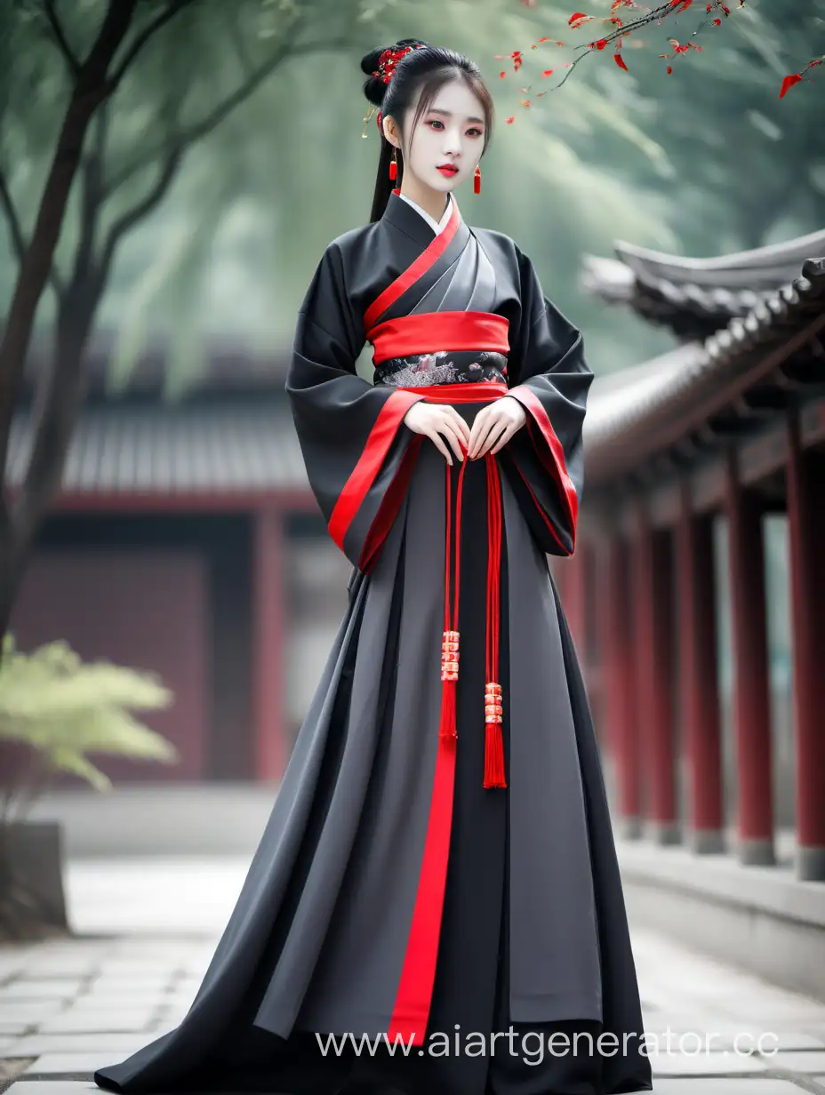 Chinese girl in traditional man Hanfu black, dark gray and red full-length