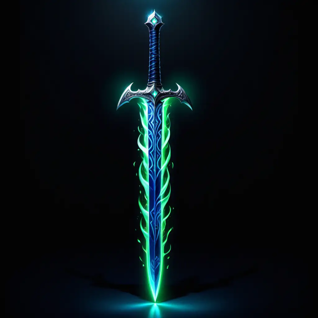 Luminous Deep Blue Sword with Green Runes Mystical Weaponry