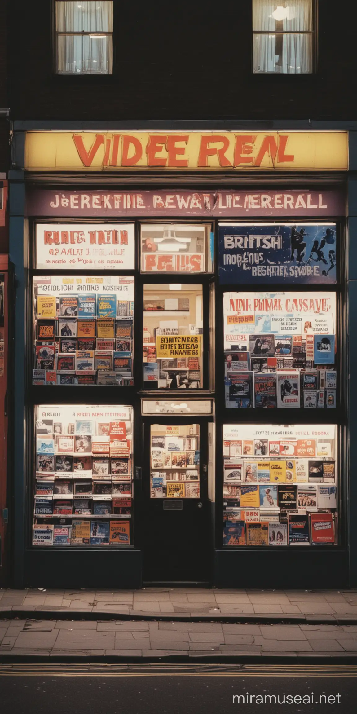 a British video rental shop exterior from the 1980s at night