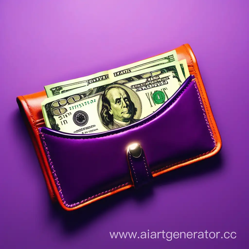 Luxurious-GreenLit-Leather-Wallets-Overflowing-with-Currency-on-a-Vivid-Purple-and-Orange-Background